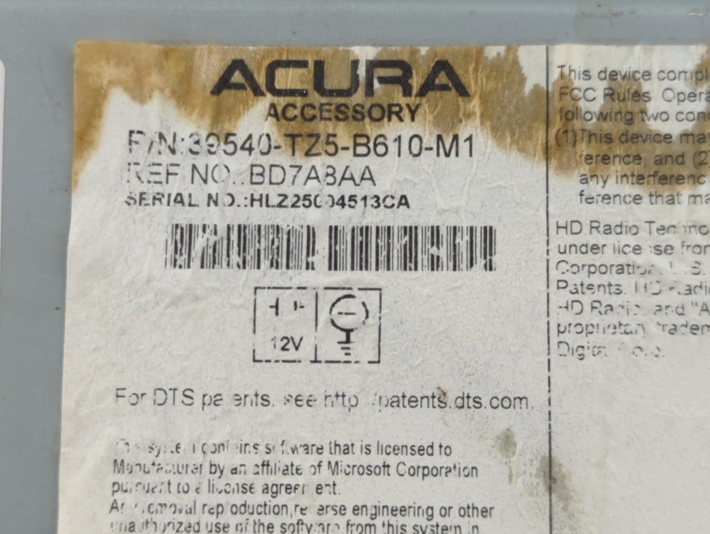 2019-2020 Acura Mdx Radio AM FM Cd Player Receiver Replacement P/N:39540-TZ5-B610-M1 Fits Fits 2019 2020 OEM Used Auto Parts