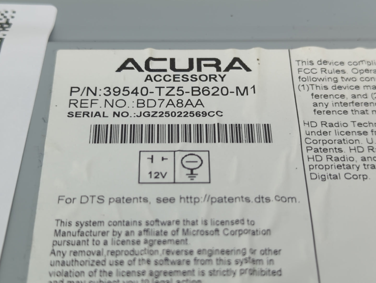 2019-2020 Acura Mdx Radio AM FM Cd Player Receiver Replacement P/N:39540-TZ5-B820-M1 Fits Fits 2019 2020 OEM Used Auto Parts