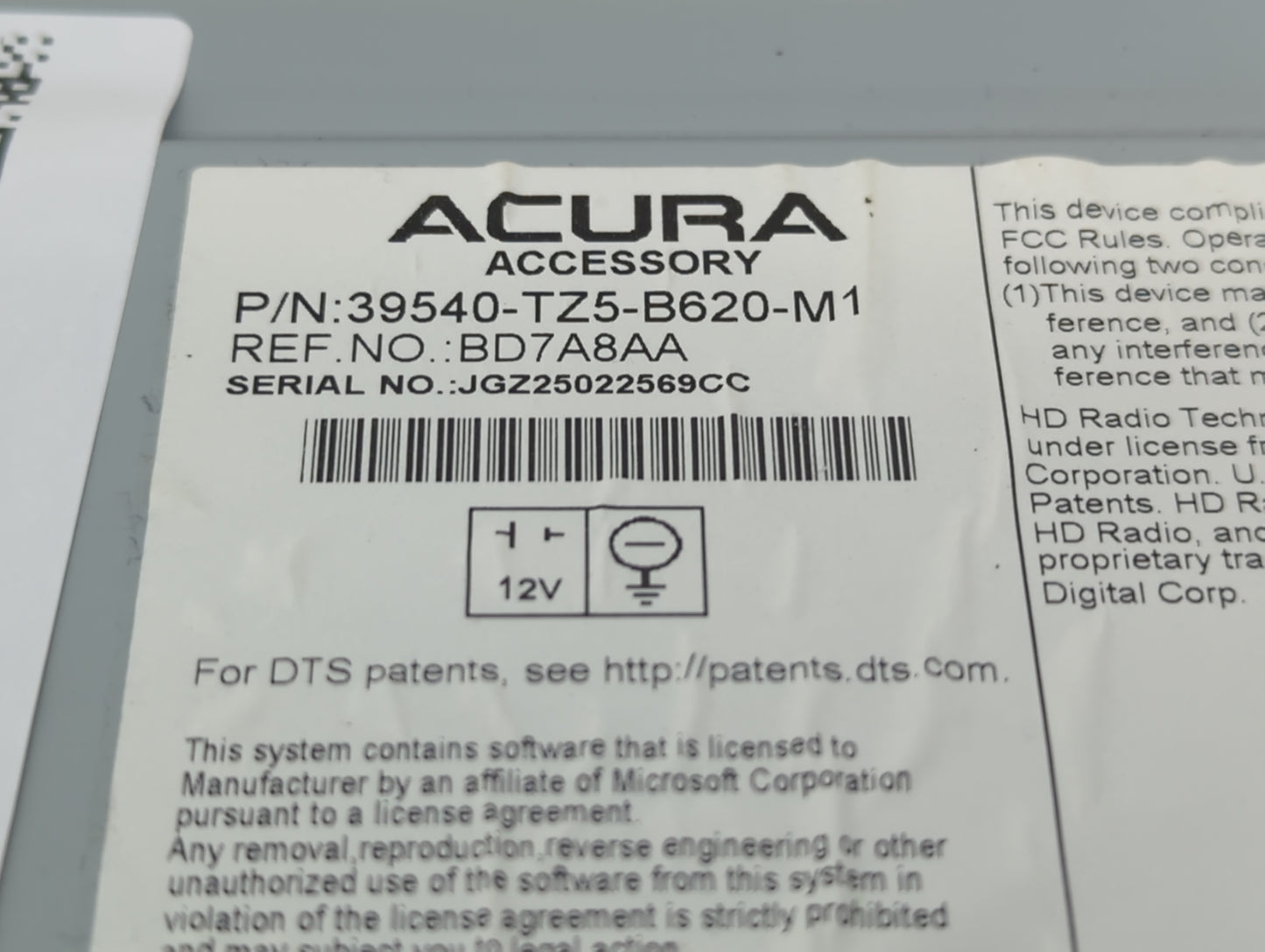 2019-2020 Acura Mdx Radio AM FM Cd Player Receiver Replacement P/N:39540-TZ5-B820-M1 Fits Fits 2019 2020 OEM Used Auto Parts