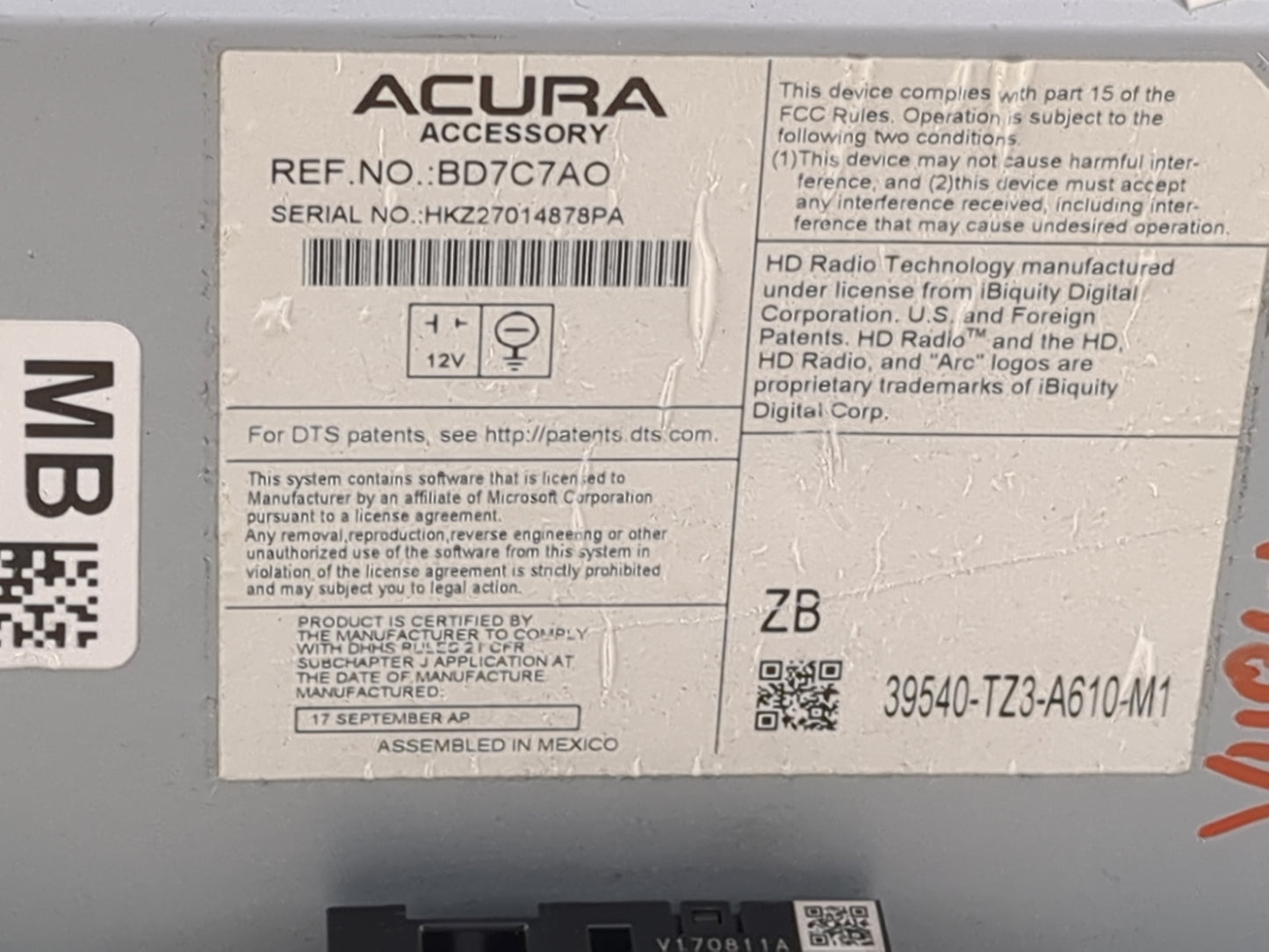 2017-2018 Acura Tlx Radio AM FM Cd Player Receiver Replacement P/N:BD7C7AO 39540-TZ3-A610-M1 Fits Fits 2017 2018 OEM Used Au