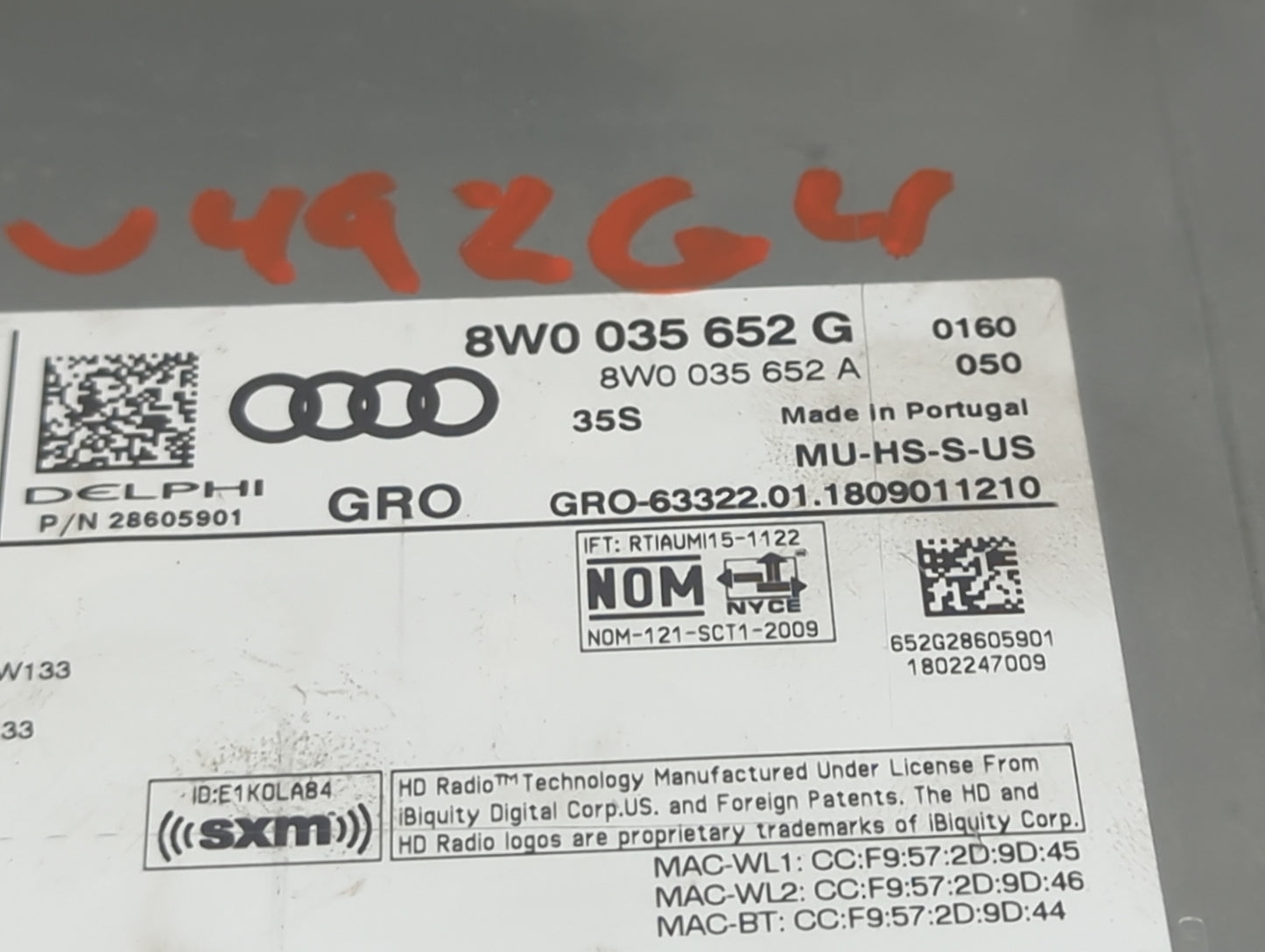2018 Audi A4 Radio AM FM Cd Player Receiver Replacement P/N:8W0035652G 8W0035652A, 28605901 Fits Fits 2019 2020 OEM Used Aut