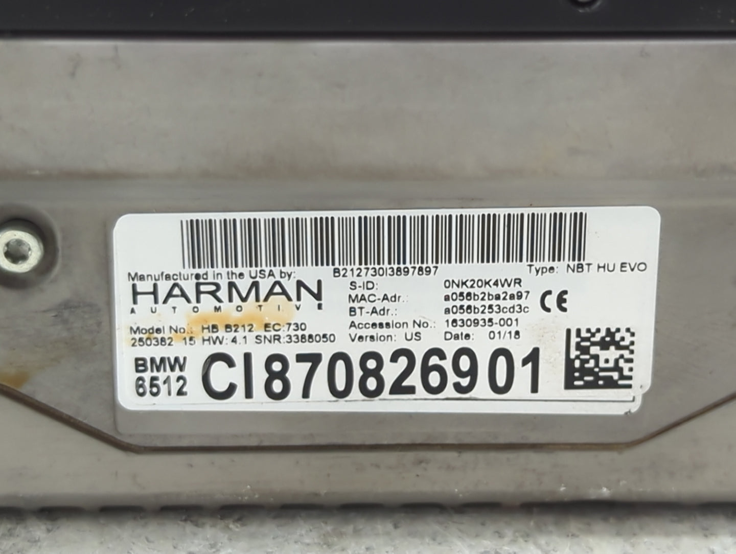 2018-2021 Bmw X3 Radio AM FM Cd Player Receiver Replacement P/N:HB B212 EC:730 CI870826901 Fits Fits 2016 2017 2018 2019 202