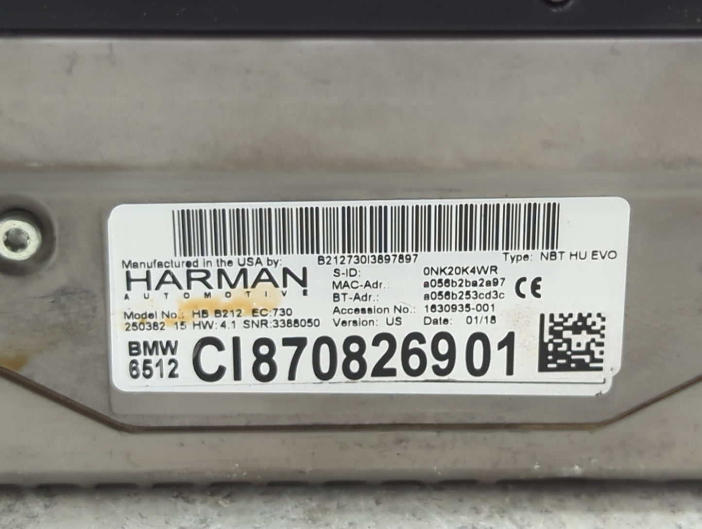 2018-2021 Bmw X3 Radio AM FM Cd Player Receiver Replacement P/N:HB B212 EC:730 CI870826901 Fits Fits 2016 2017 2018 2019 202