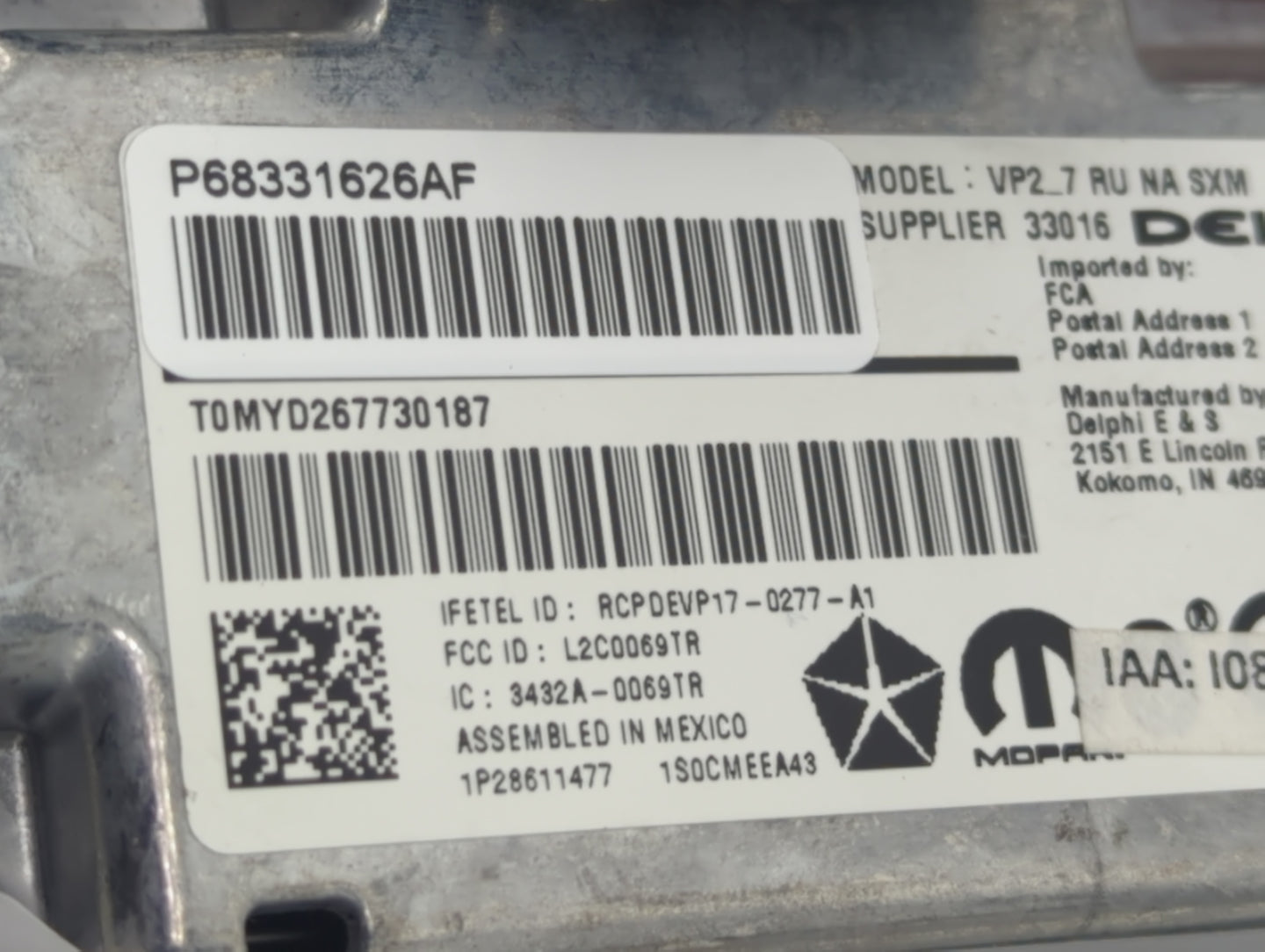 2018 Chrysler Pacifica Radio AM FM Cd Player Receiver Replacement P/N:P68331626AF Fits OEM Used Auto Parts - Oemusedautopart