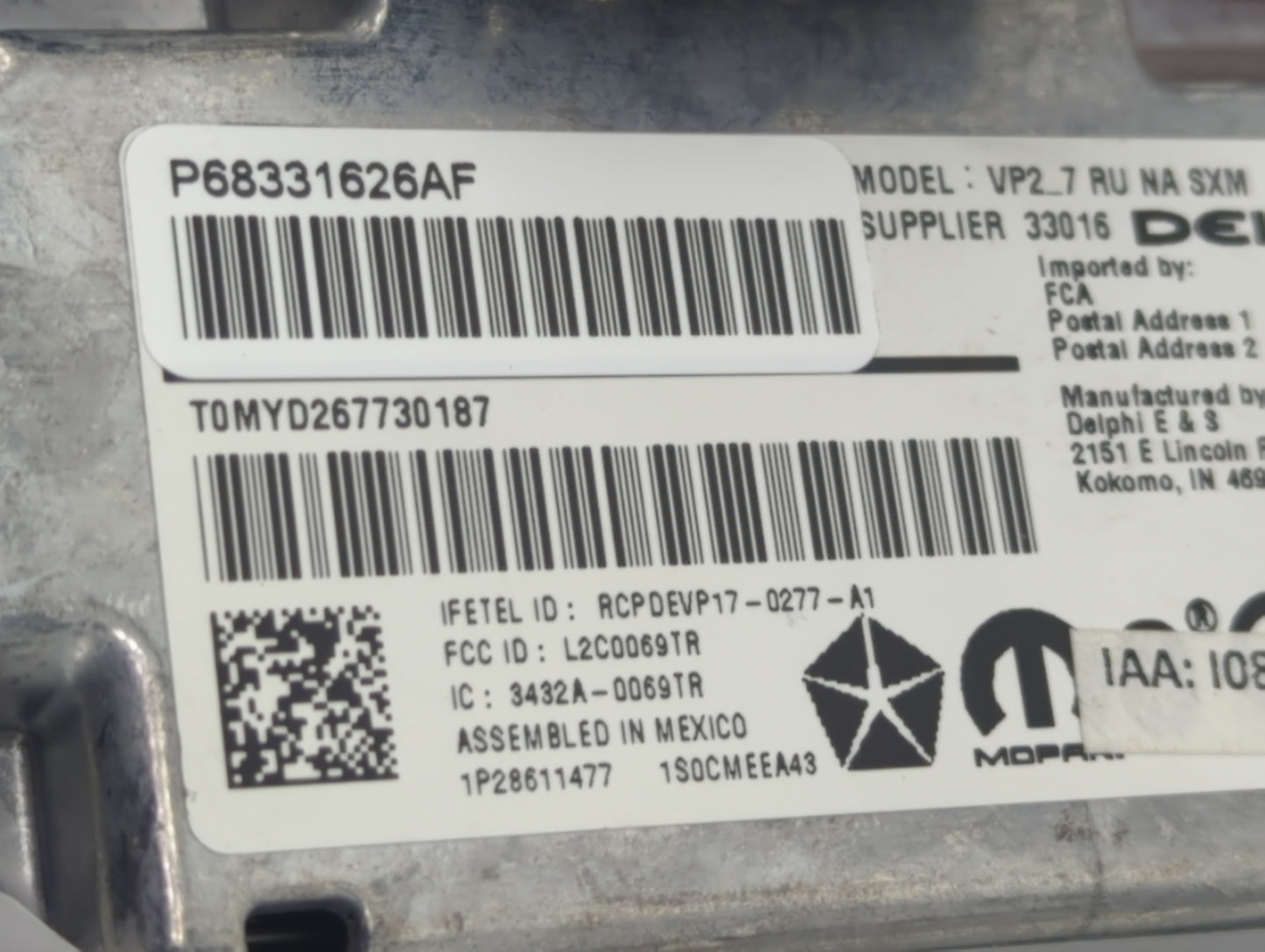 2018 Chrysler Pacifica Radio AM FM Cd Player Receiver Replacement P/N:P68331626AF Fits OEM Used Auto Parts - Oemusedautopart
