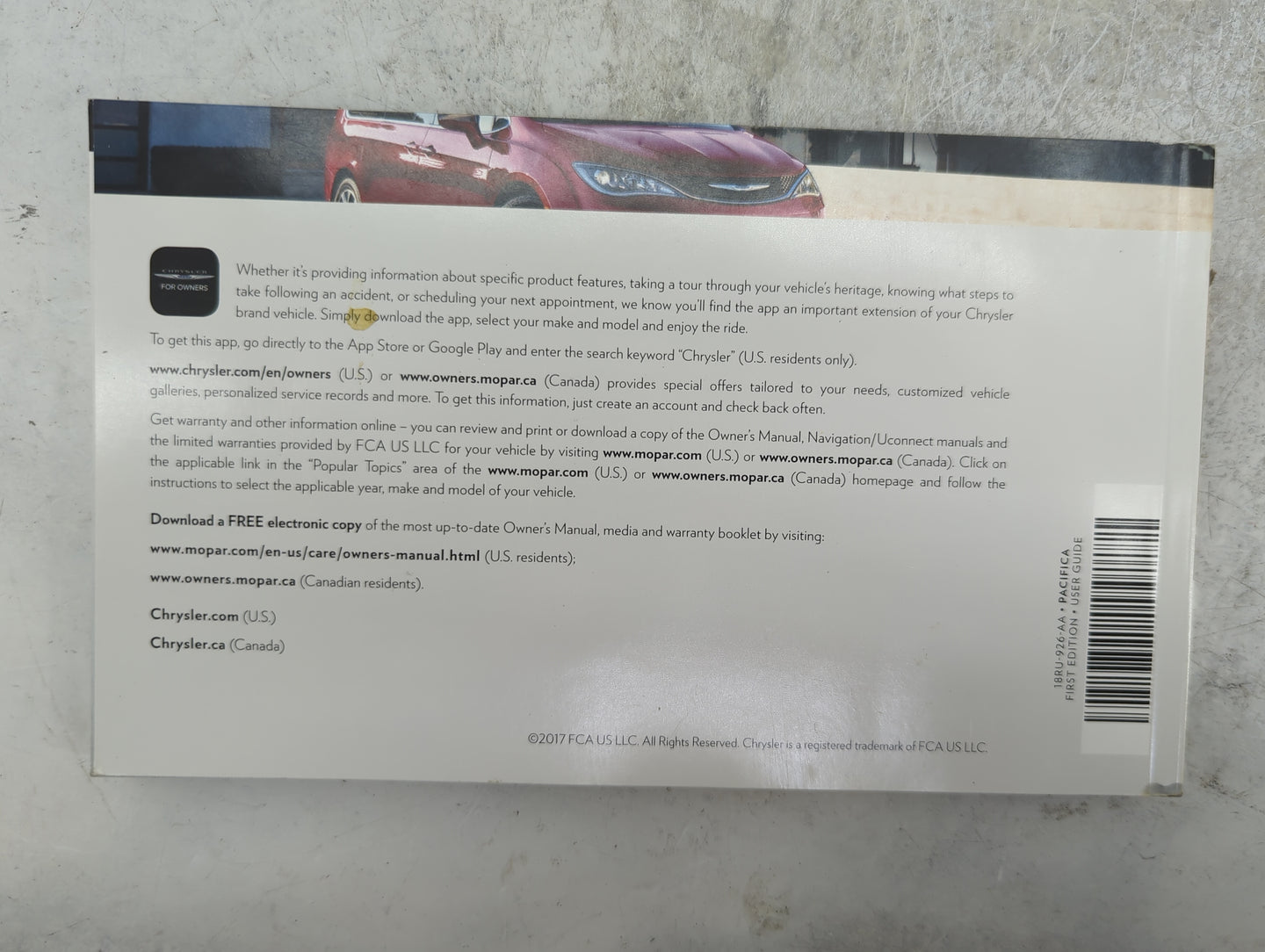 2018 Chrysler Pacifica Owners Manual Book Guide P/N:18RU-926-AA OEM Used Auto Parts - Oemusedautoparts1.com