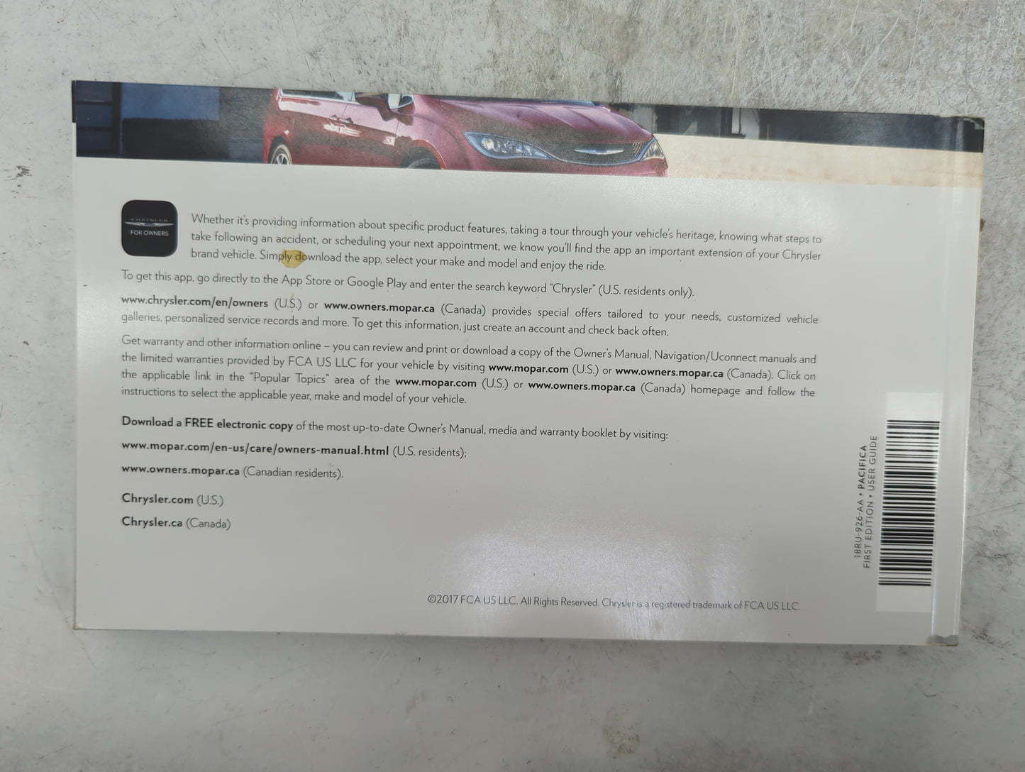 2018 Chrysler Pacifica Owners Manual Book Guide P/N:18RU-926-AA OEM Used Auto Parts - Oemusedautoparts1.com