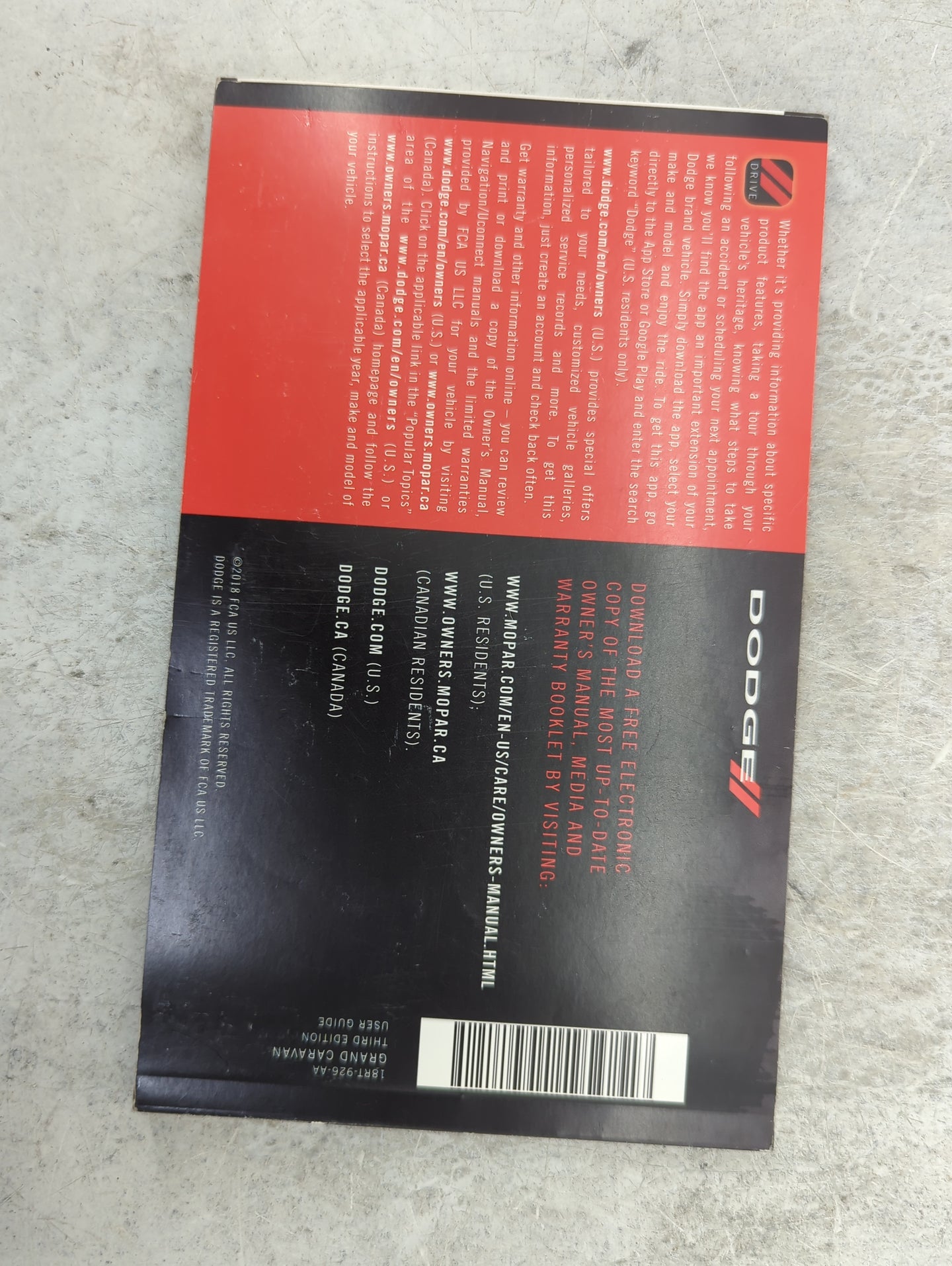 2018 Dodge Grand Caravan Owners Manual Book Guide P/N:18RT-926-AA OEM Used Auto Parts - Oemusedautoparts1.com