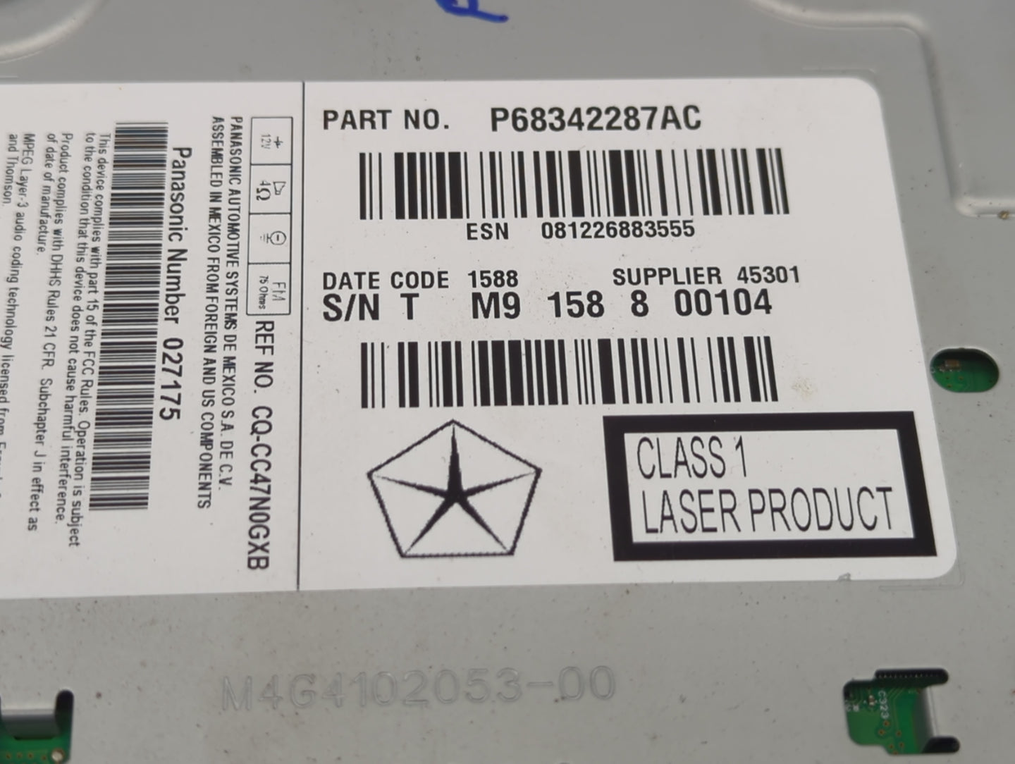 2018-2020 Dodge Journey Radio AM FM Cd Player Receiver Replacement P/N:P68342287AC Fits Fits 2018 2019 2020 OEM Used Auto Pa