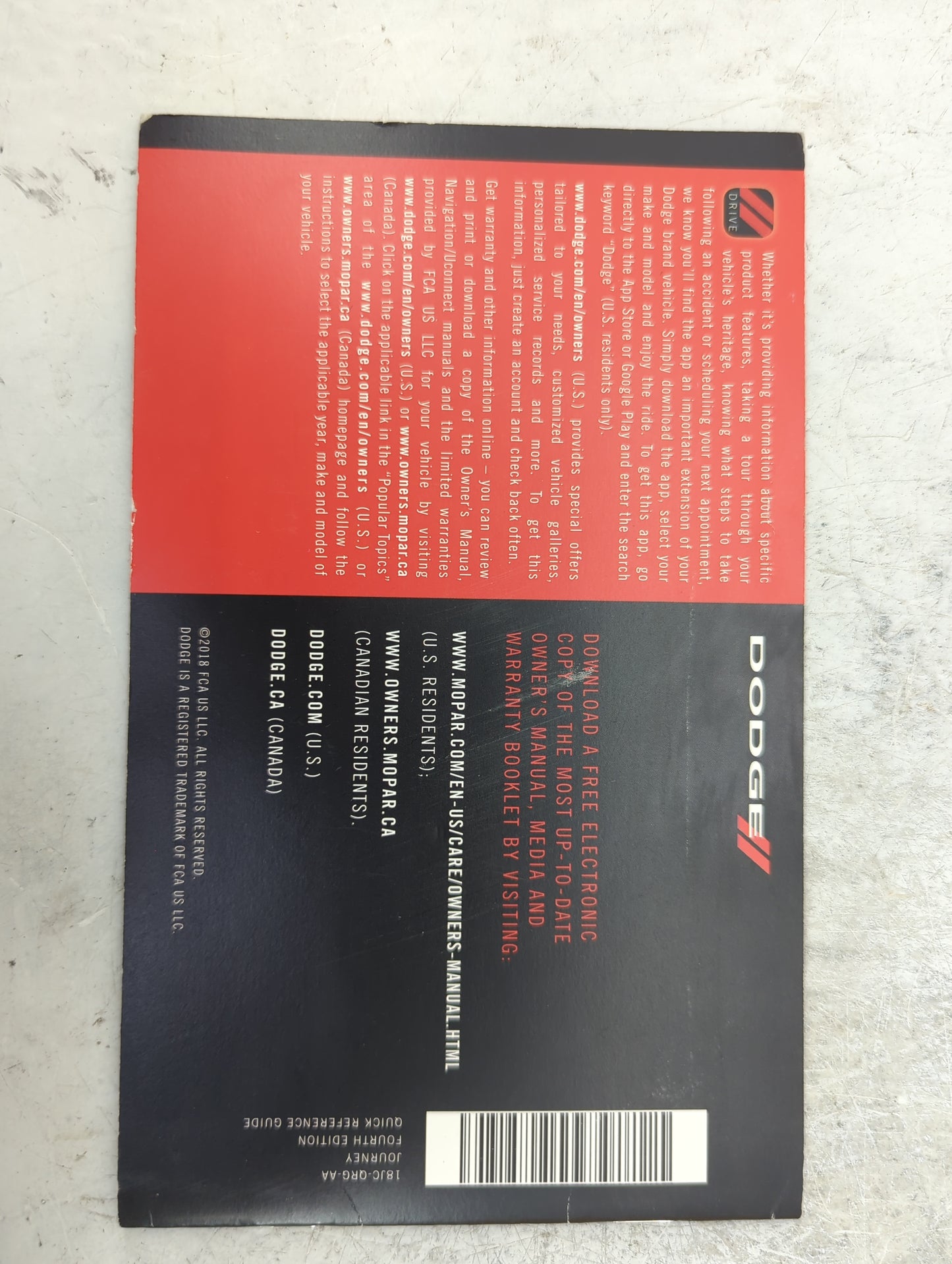 2018 Dodge Journey Owners Manual Book Guide P/N:18JC-926-AA 18JC-QRG-AA OEM Used Auto Parts - Oemusedautoparts1.com