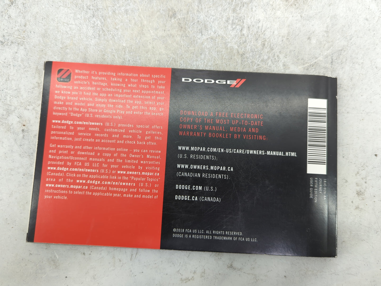 2018 Dodge Journey Owners Manual Book Guide P/N:18JC-926-AA 18JC-QRG-AA OEM Used Auto Parts - Oemusedautoparts1.com