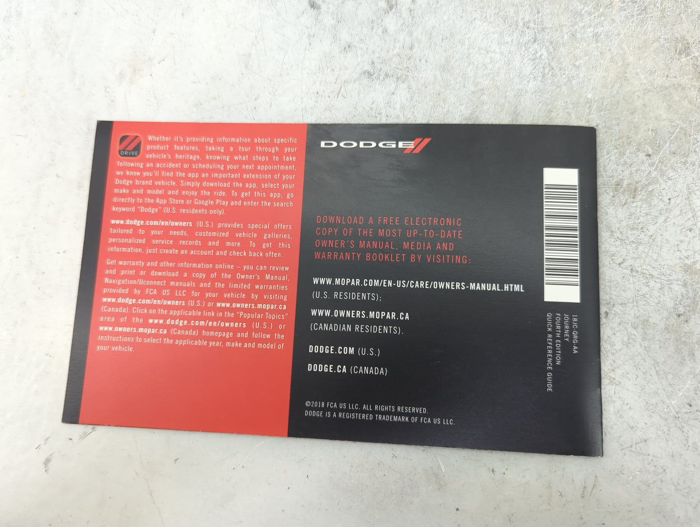 2018 Dodge Journey Owners Manual Book Guide P/N:18JC-926-AA 18JC-QRG-AA OEM Used Auto Parts - Oemusedautoparts1.com