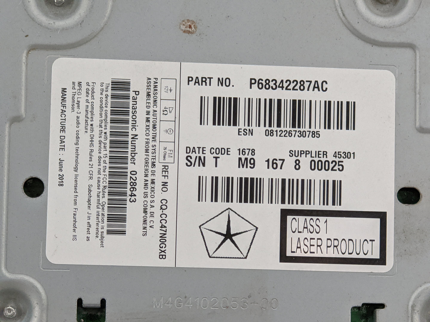 2018-2020 Dodge Journey Radio AM FM Cd Player Receiver Replacement P/N:P68342287AC CQ-CC47N0GXB, 028643 Fits Fits 2018 2019 