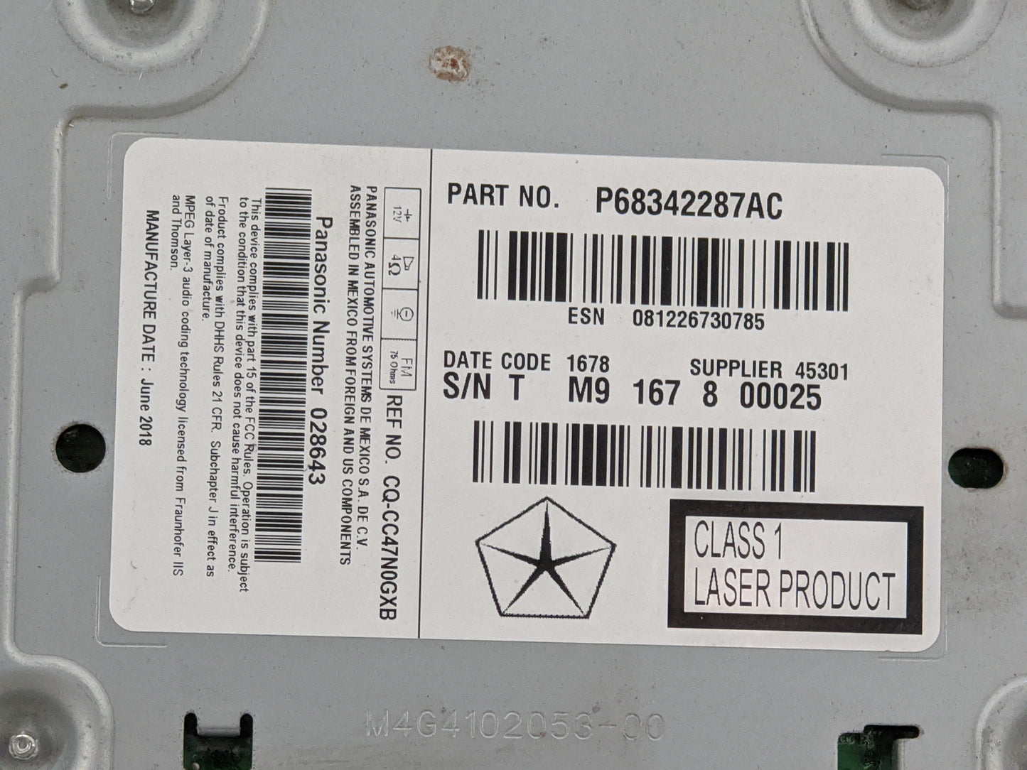 2018-2020 Dodge Journey Radio AM FM Cd Player Receiver Replacement P/N:P68342287AC CQ-CC47N0GXB, 028643 Fits Fits 2018 2019 
