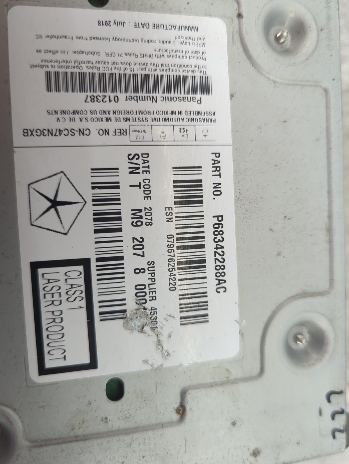 2018-2020 Dodge Journey Radio AM FM Cd Player Receiver Replacement P/N:P68342288AC CN-SC47N3GXB Fits Fits 2018 2019 2020 OEM