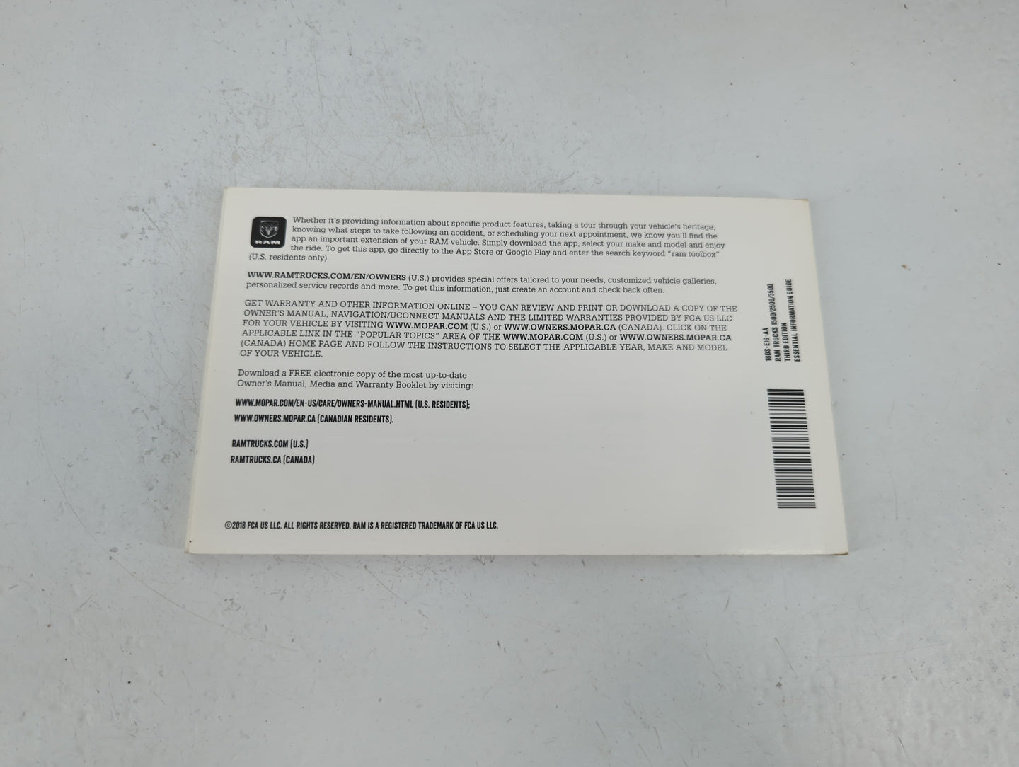 2018 Dodge Ram 1500 Owners Manual Book Guide OEM Used Auto Parts - Oemusedautoparts1.com