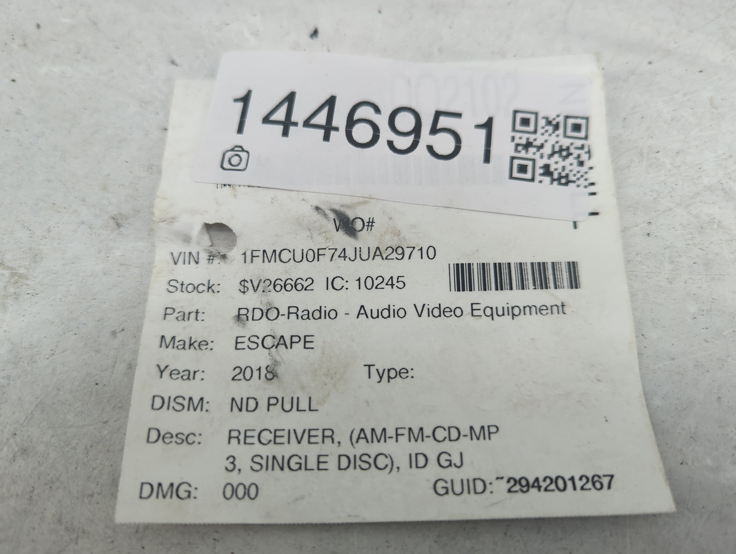 2017-2019 Ford Escape Radio AM FM Cd Player Receiver Replacement P/N:GJ5T-19C107-AE Fits Fits 2017 2018 2019 OEM Used Auto P