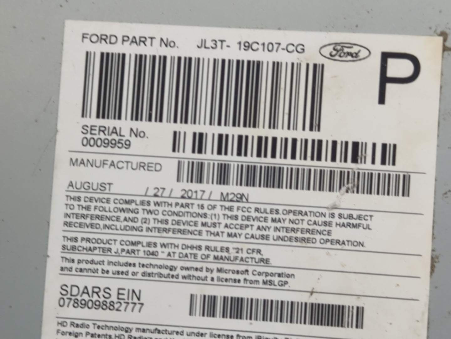 2018 Ford F-150 Radio AM FM Cd Player Receiver Replacement P/N:JL3T-19C107-CG Fits OEM Used Auto Parts - Oemusedautoparts1.c