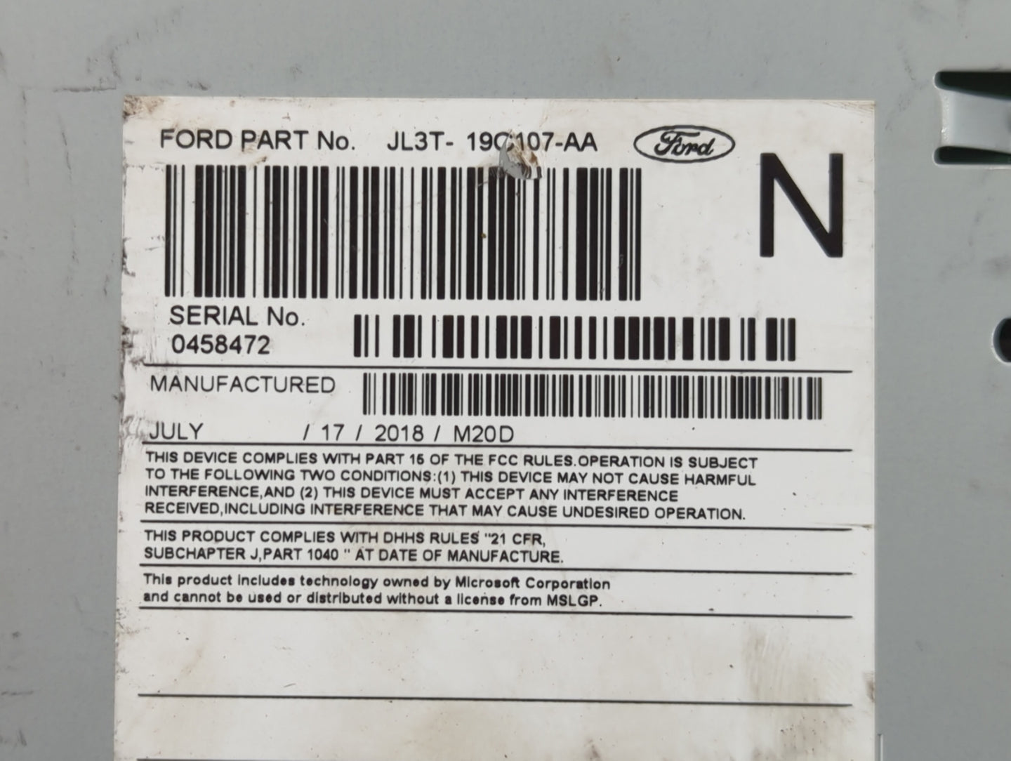 2017-2018 Ford F-150 Radio AM FM Cd Player Receiver Replacement P/N:JL3T-19C107-AA Fits Fits 2017 2018 OEM Used Auto Parts -