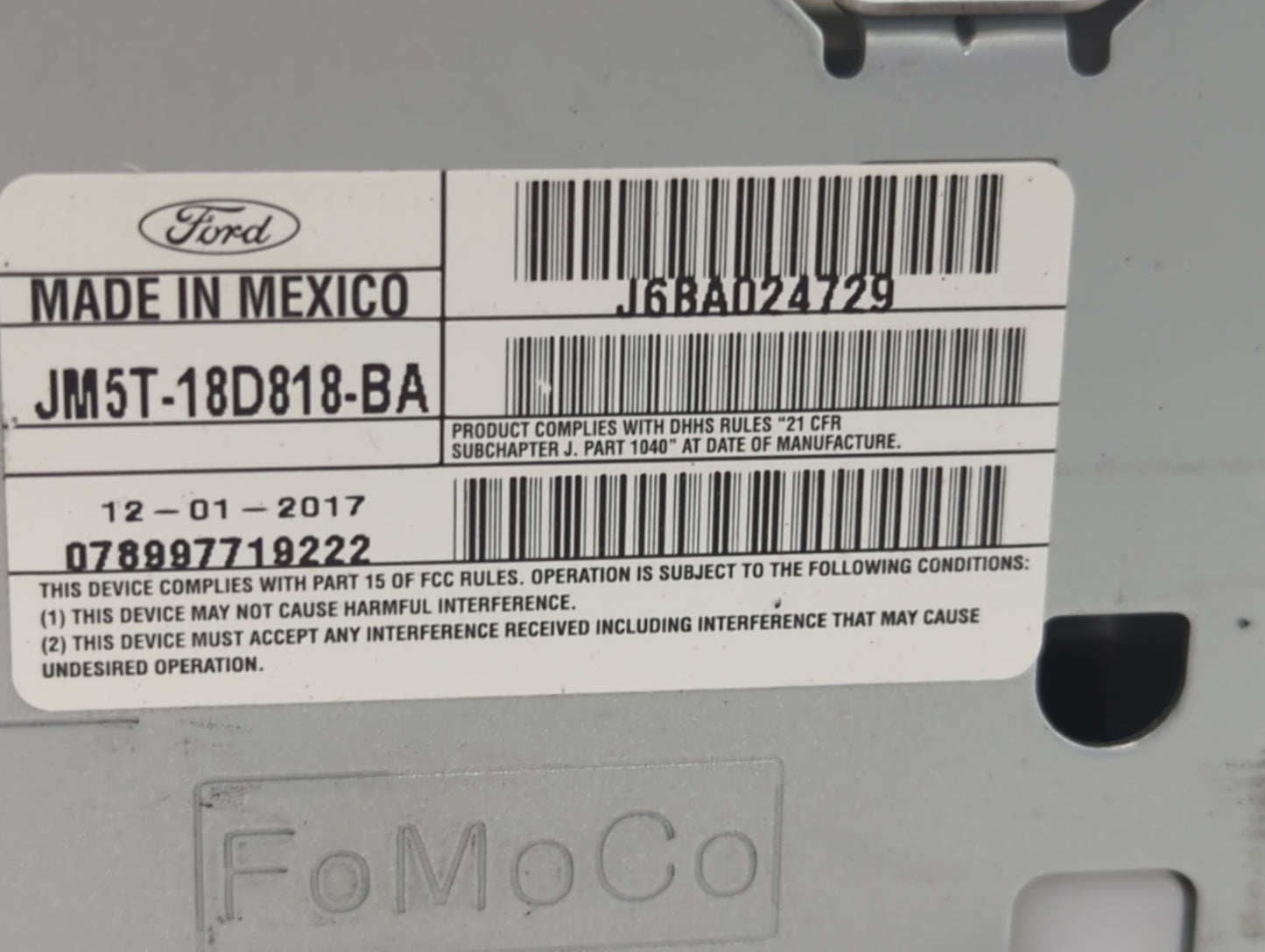 2017-2018 Ford Focus Radio AM FM Cd Player Receiver Replacement P/N:JM5T-18D818-BA Fits Fits 2017 2018 OEM Used Auto Parts -