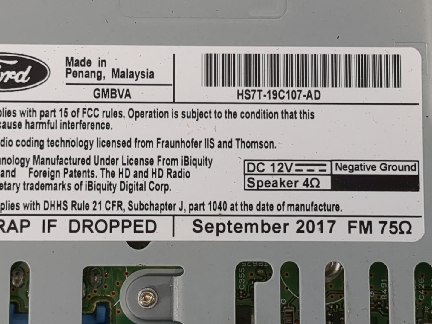 2017-2020 Ford Fusion Radio AM FM Cd Player Receiver Replacement P/N:HS7T-19C107-AD Fits Fits 2017 2018 2019 2020 OEM Used A