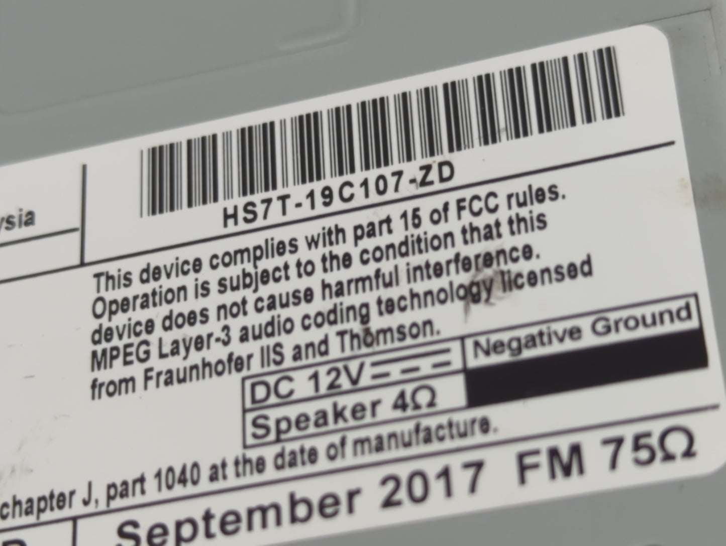 2017-2020 Ford Fusion Radio AM FM Cd Player Receiver Replacement P/N:HS7T-19C107-ZD Fits Fits 2017 2018 2019 2020 OEM Used A