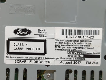 2017-2020 Ford Fusion Radio AM FM Cd Player Receiver Replacement P/N:HS7T-19C107-ZD Fits Fits 2017 2018 2019 2020 OEM Used Auto Parts
