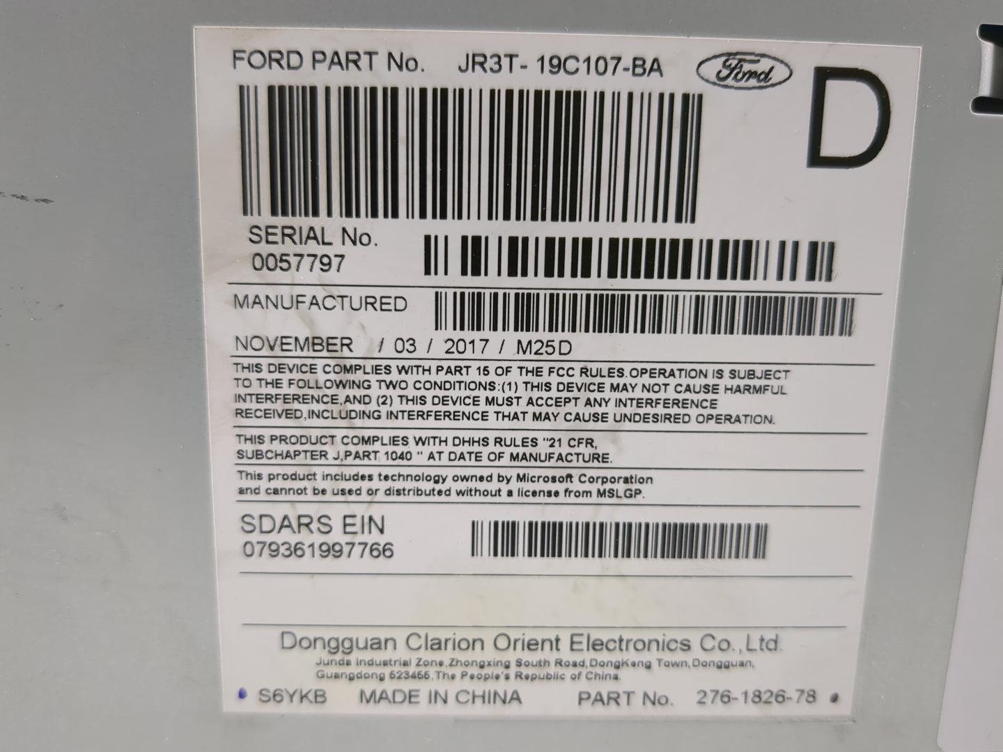 2018 Ford Mustang Radio AM FM Cd Player Receiver Replacement P/N:JR3T-19C107-BA Fits OEM Used Auto Parts - Oemusedautoparts1