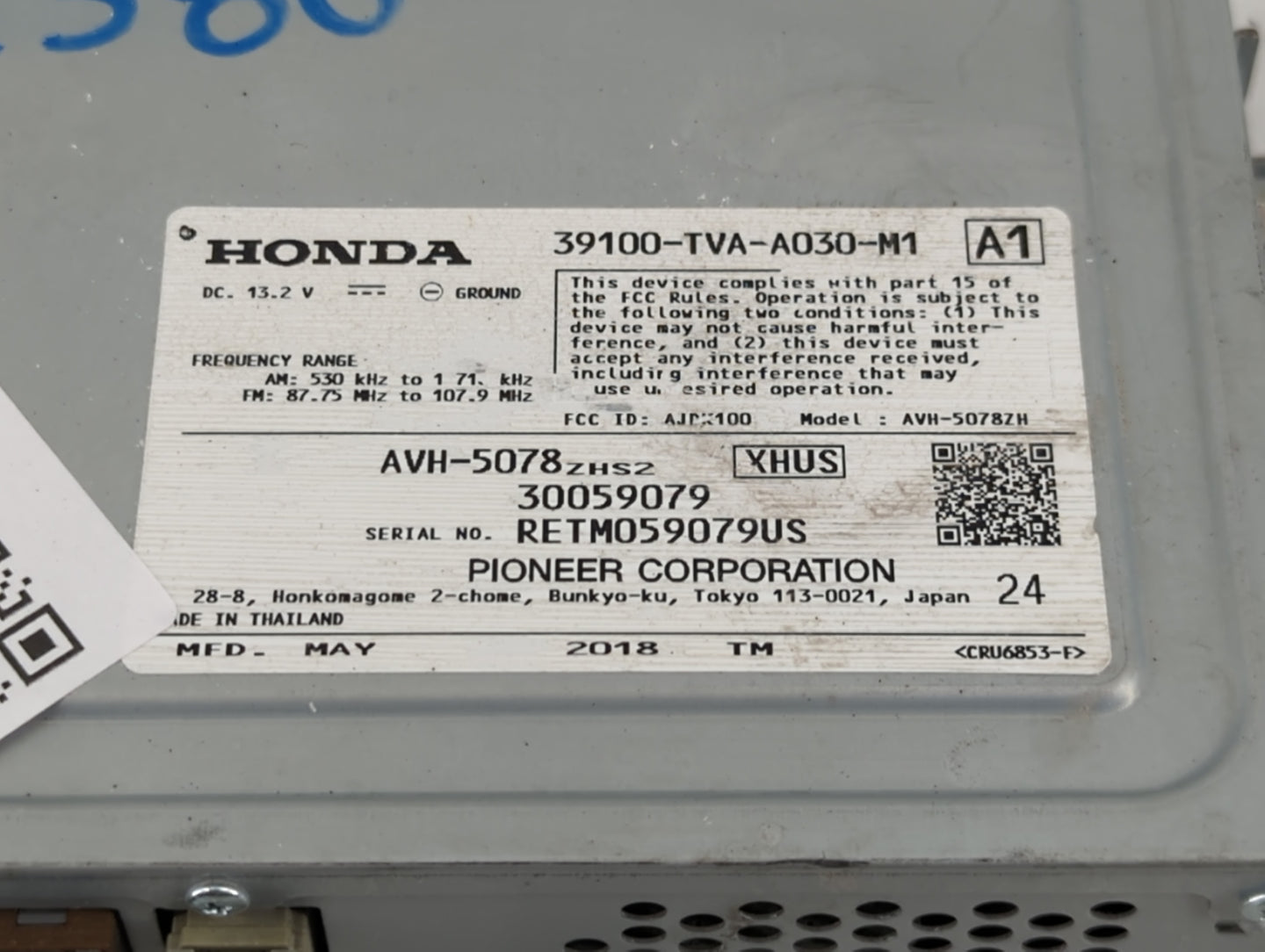 2018 Honda Accord Radio AM FM Cd Player Receiver Replacement P/N:39100-TVA-A030-M1 Fits OEM Used Auto Parts - Oemusedautopar
