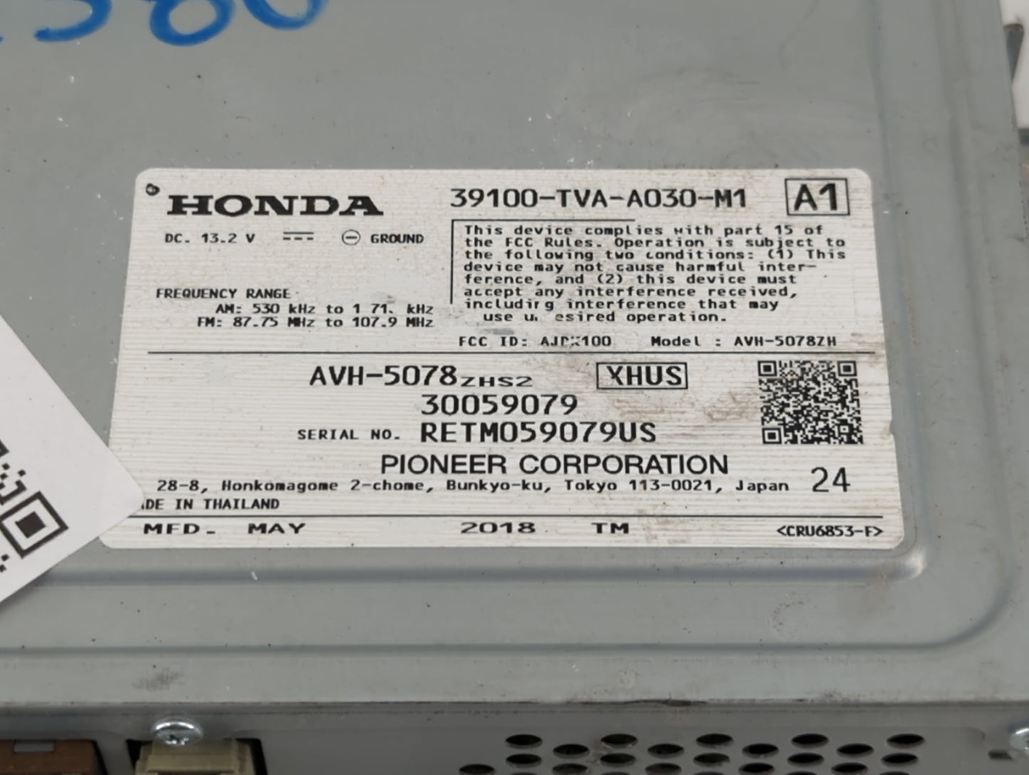 2018 Honda Accord Radio AM FM Cd Player Receiver Replacement P/N:39100-TVA-A030-M1 Fits OEM Used Auto Parts - Oemusedautopar