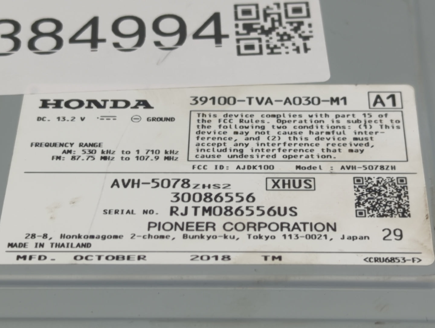 2018-2020 Honda Accord Radio AM FM Cd Player Receiver Replacement P/N:39100-TVA-A030-M1 Fits Fits 2018 2019 2020 OEM Used Au