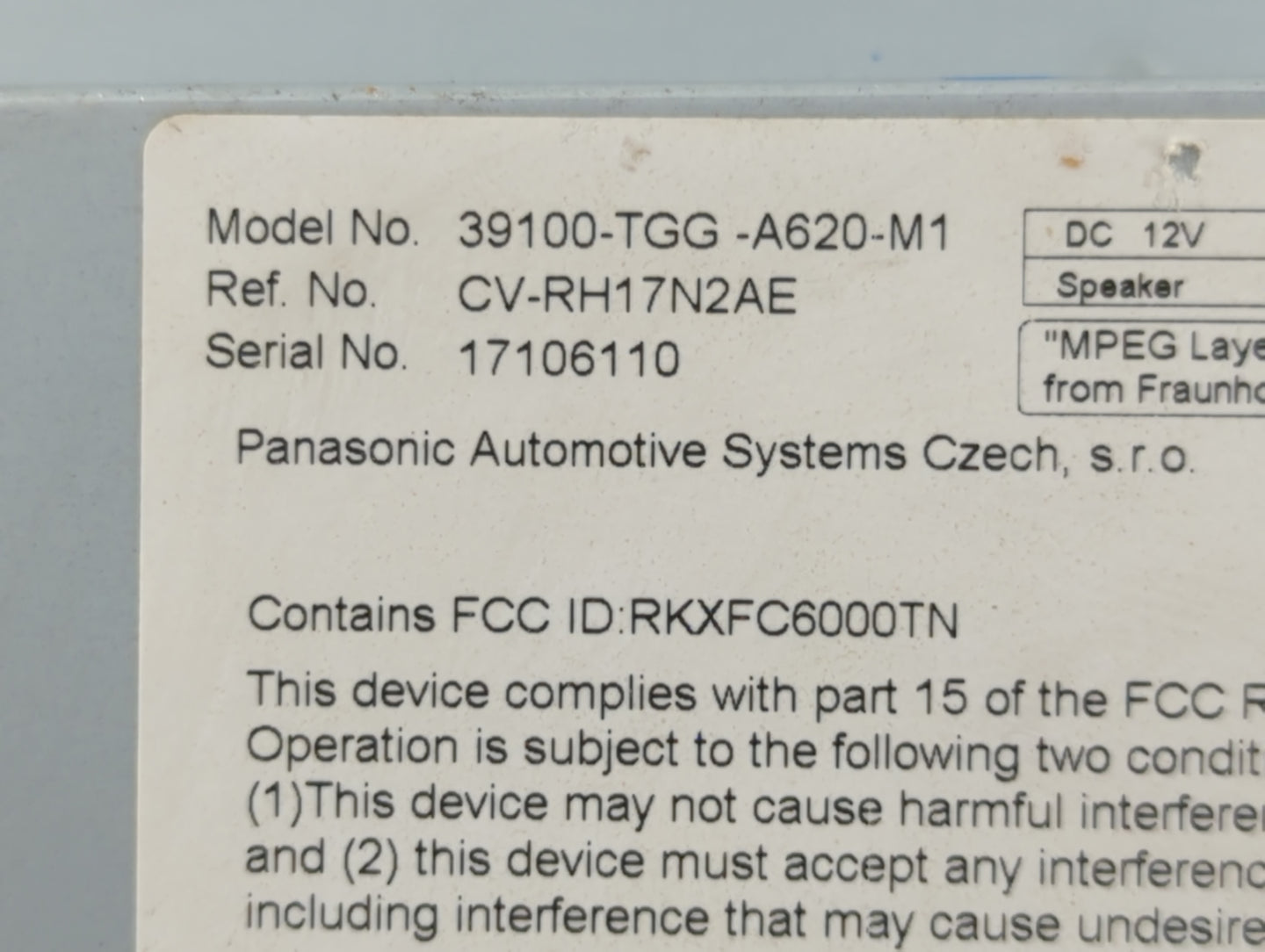 2017-2018 Honda Civic Radio AM FM Cd Player Receiver Replacement P/N:39100-TGG-A620-M1 Fits Fits 2017 2018 OEM Used Auto Par
