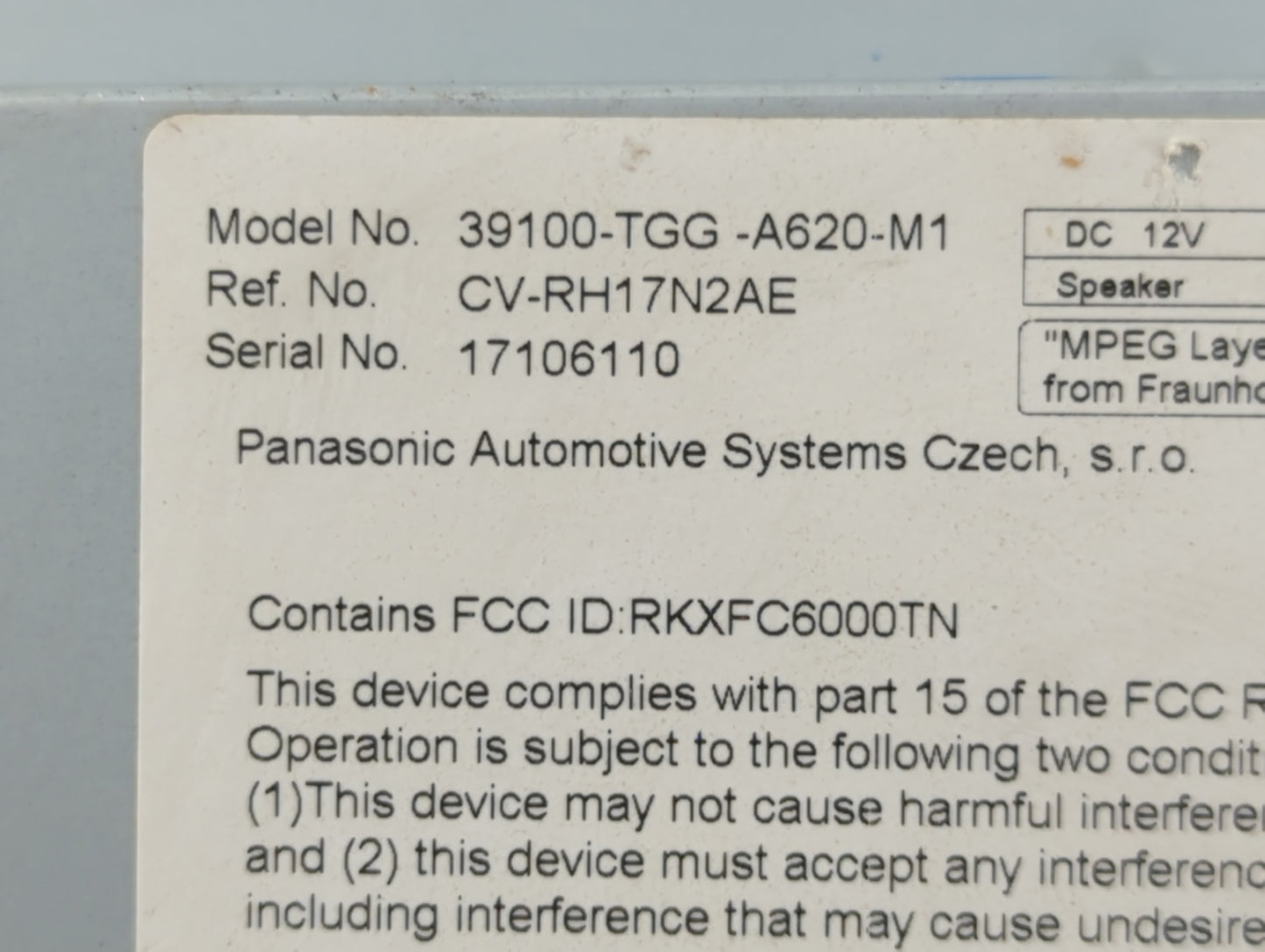 2017-2018 Honda Civic Radio AM FM Cd Player Receiver Replacement P/N:39100-TGG-A620-M1 Fits Fits 2017 2018 OEM Used Auto Par