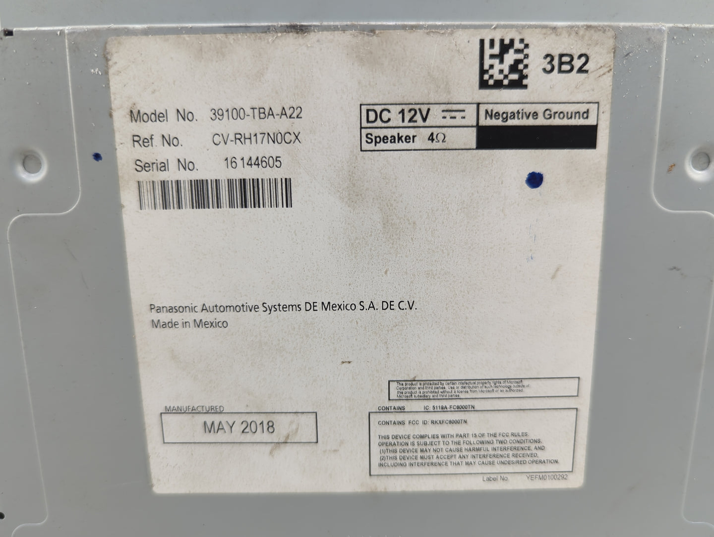 2018 Honda Civic Radio AM FM Cd Player Receiver Replacement P/N:39100-TBA-A22 CV-RH17N0CX, RKXFC8000TN, 5118A-FC8000TN Fits 