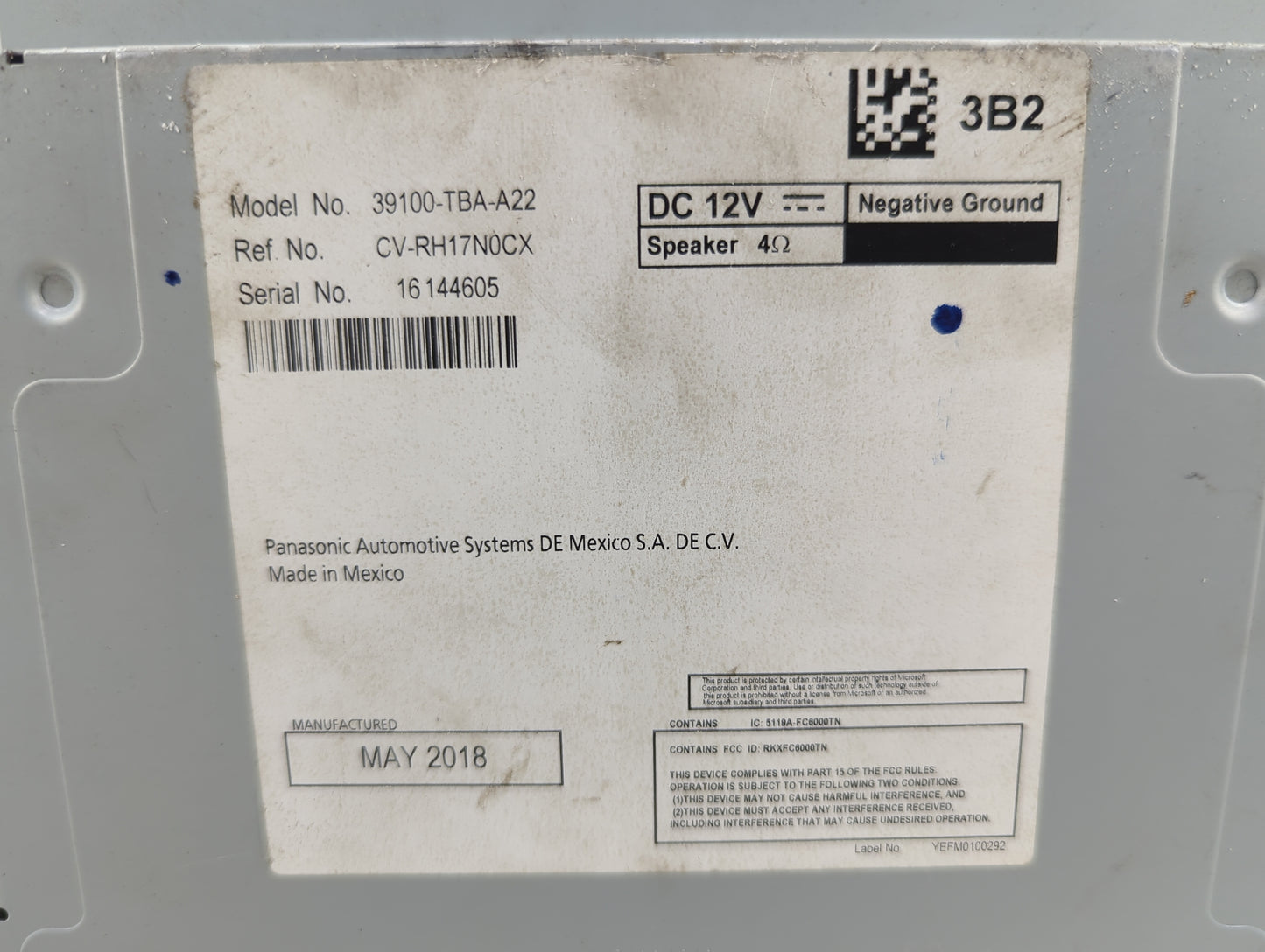 2018 Honda Civic Radio AM FM Cd Player Receiver Replacement P/N:39100-TBA-A22 CV-RH17N0CX, RKXFC8000TN, 5118A-FC8000TN Fits 