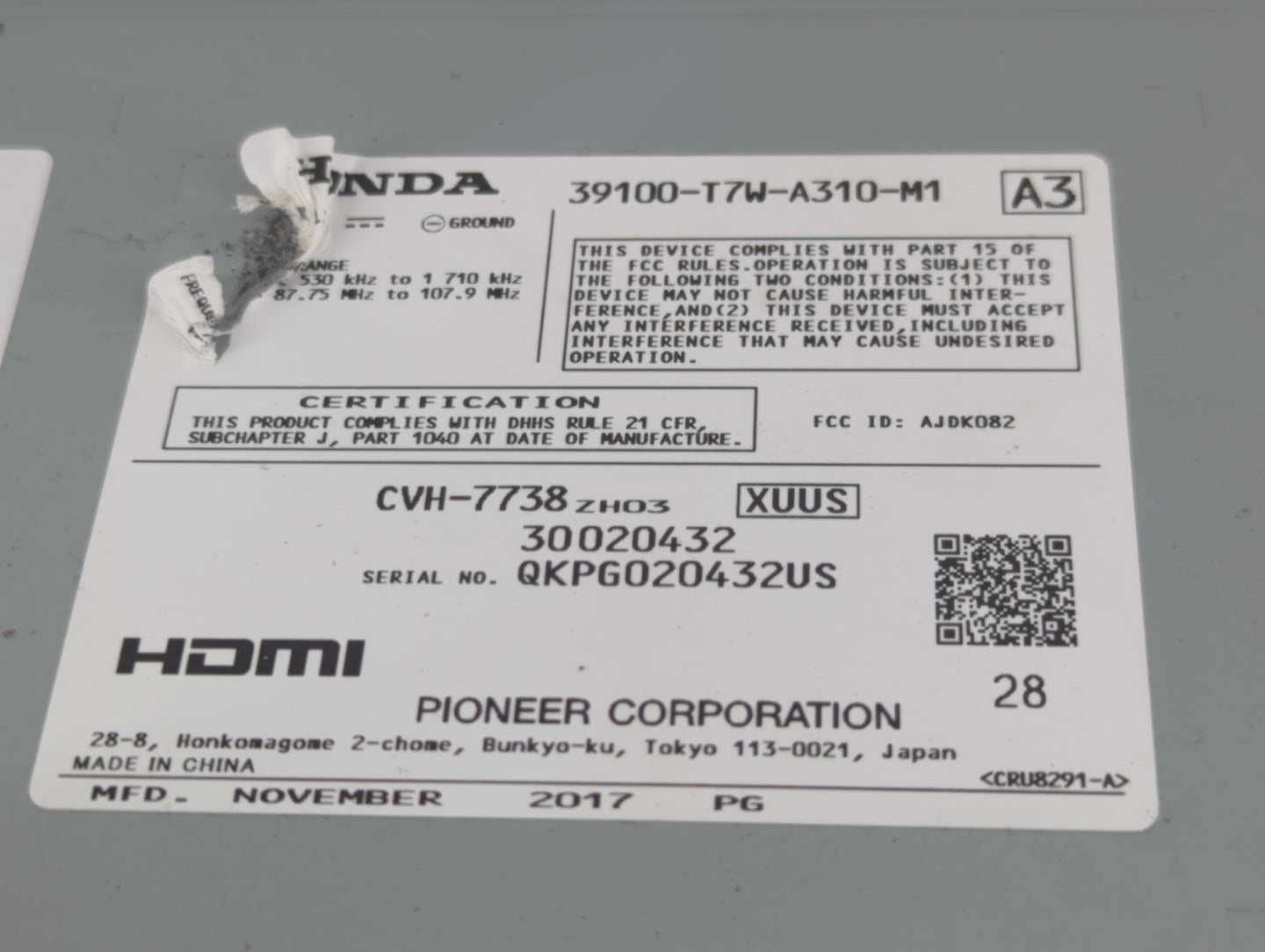 2018 Honda Hr-V Radio AM FM Cd Player Receiver Replacement P/N:39100-T7W-A310-M1 Fits OEM Used Auto Parts - Oemusedautoparts