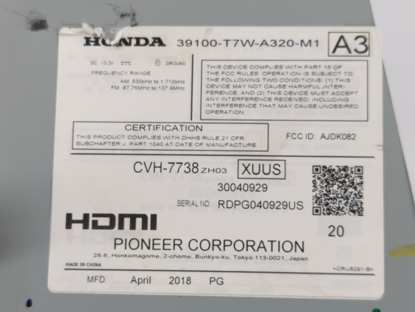 2018 Honda Hr-V Radio AM FM Cd Player Receiver Replacement P/N:39100-T7W-A320-M1 Fits OEM Used Auto Parts - Oemusedautoparts