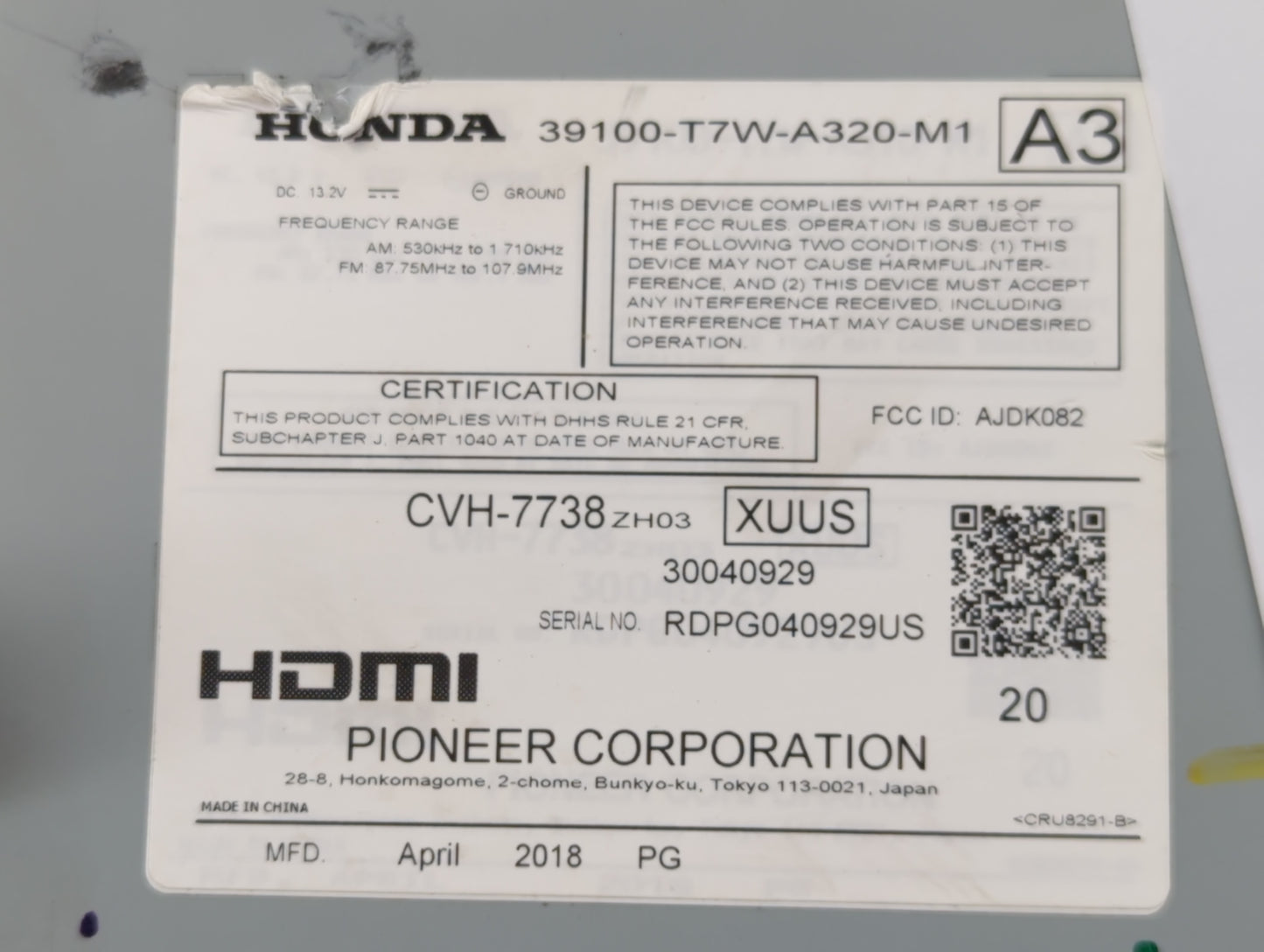 2018 Honda Hr-V Radio AM FM Cd Player Receiver Replacement P/N:39100-T7W-A320-M1 Fits OEM Used Auto Parts - Oemusedautoparts