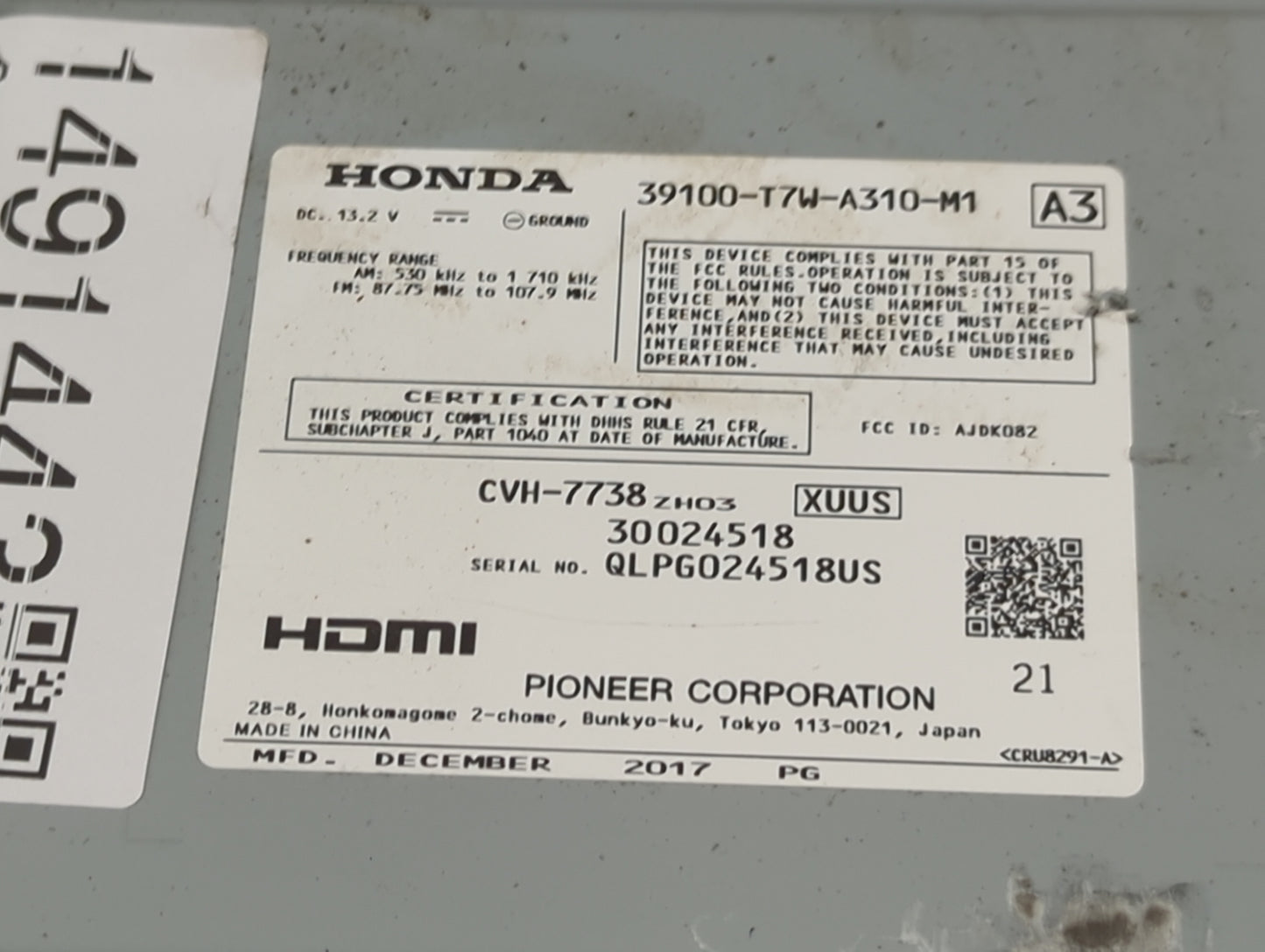 2018 Honda Hr-V Radio AM FM Cd Player Receiver Replacement P/N:39100-T7W-A310-M1 CVH-7738, AJDK082 Fits OEM Used Auto Parts 