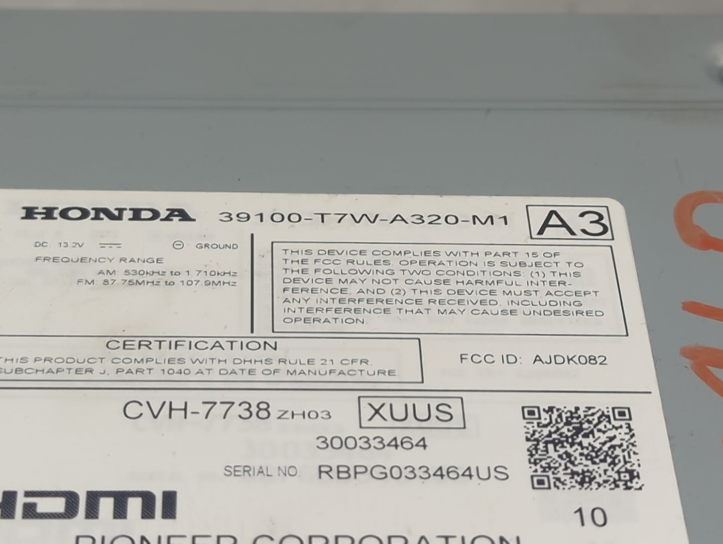 2018 Honda Hr-V Radio AM FM Cd Player Receiver Replacement P/N:39100-T7W-A320-M1 CVH-7738, AJDK082 Fits OEM Used Auto Parts 