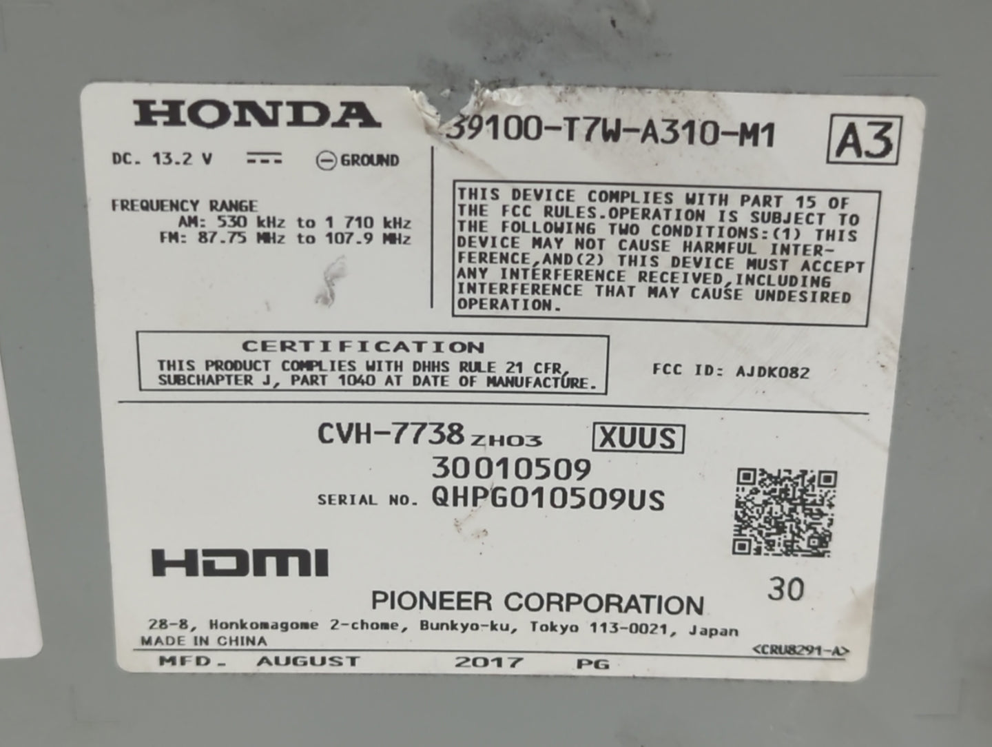 2018-2018 Honda Hr-v Am Fm Cd Player Radio Receiver - Oemusedautoparts1.com