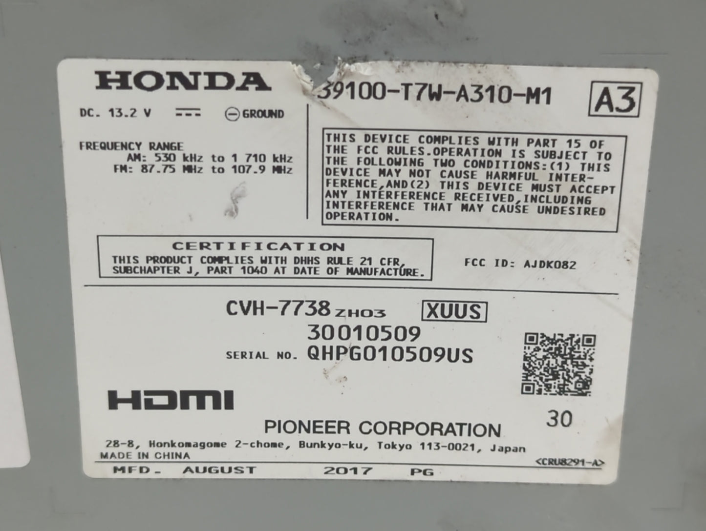 2018-2018 Honda Hr-v Am Fm Cd Player Radio Receiver - Oemusedautoparts1.com