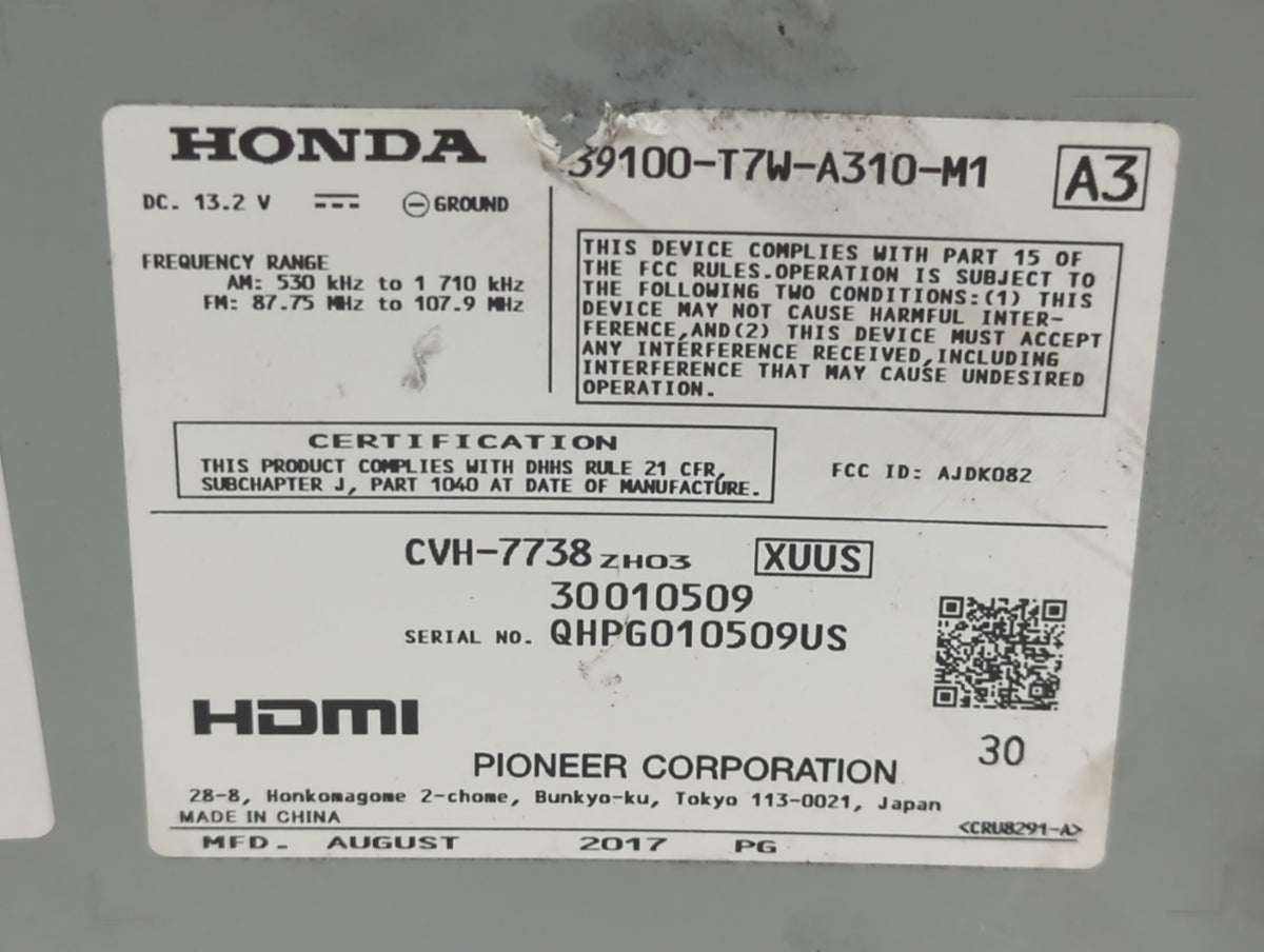 2018-2018 Honda Hr-v Am Fm Cd Player Radio Receiver 500682 - Oemusedautoparts1.com