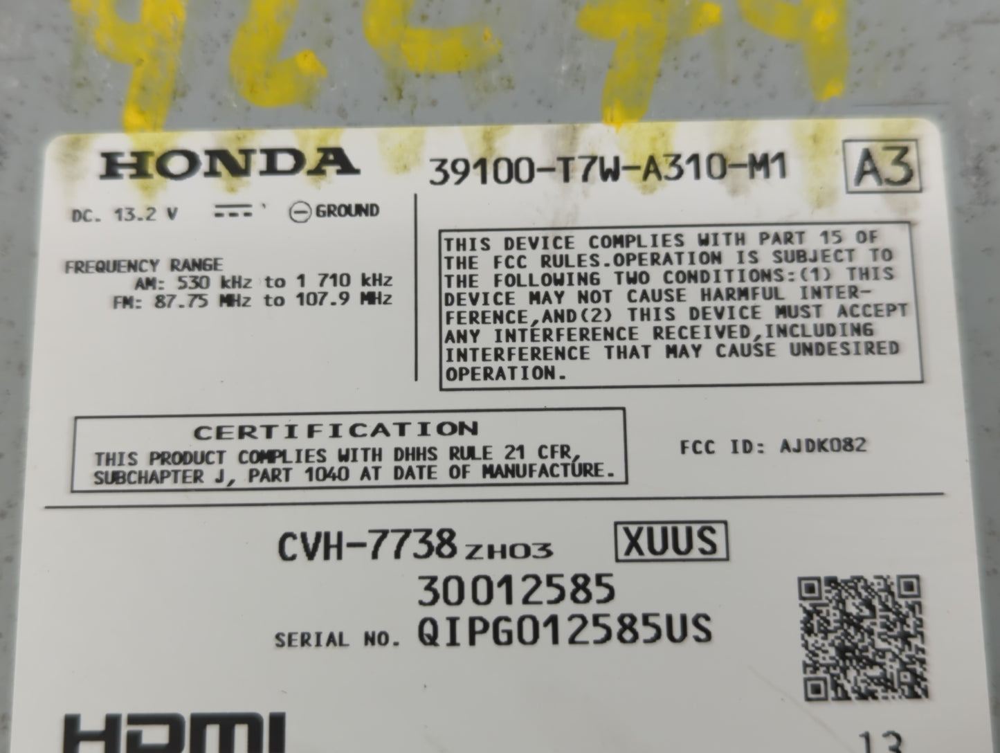 2018-2018 Honda Hr-v Am Fm Cd Player Radio Receiver - Oemusedautoparts1.com