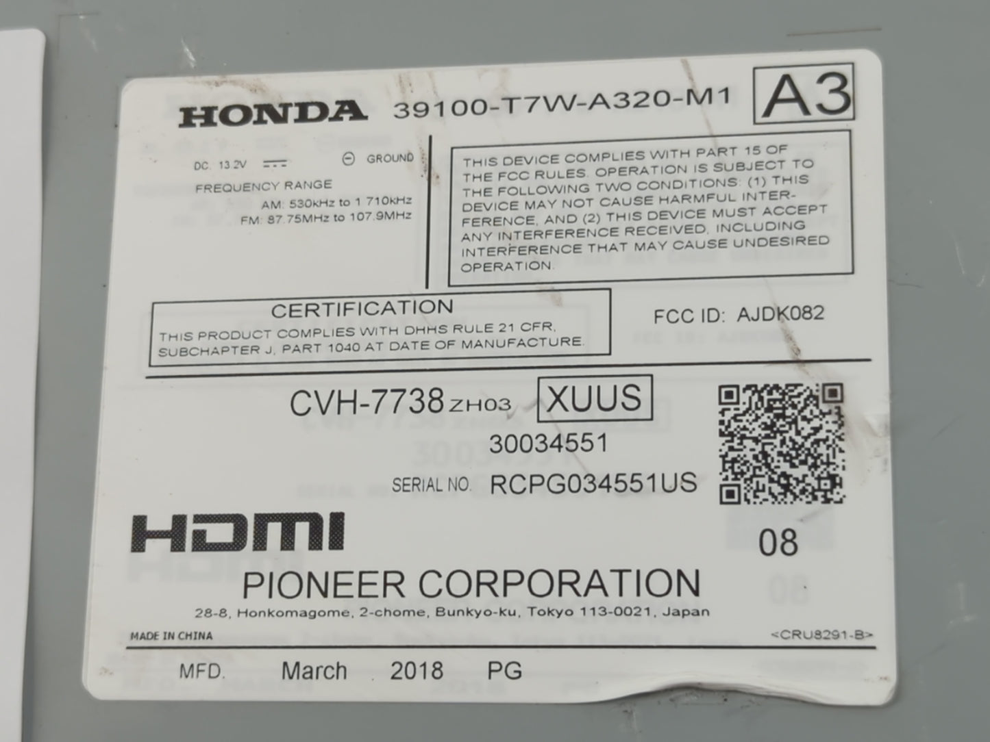 2018 Honda Hr-V Radio AM FM Cd Player Receiver Replacement P/N:39100-T7W-A320-M1 Fits OEM Used Auto Parts - Oemusedautoparts