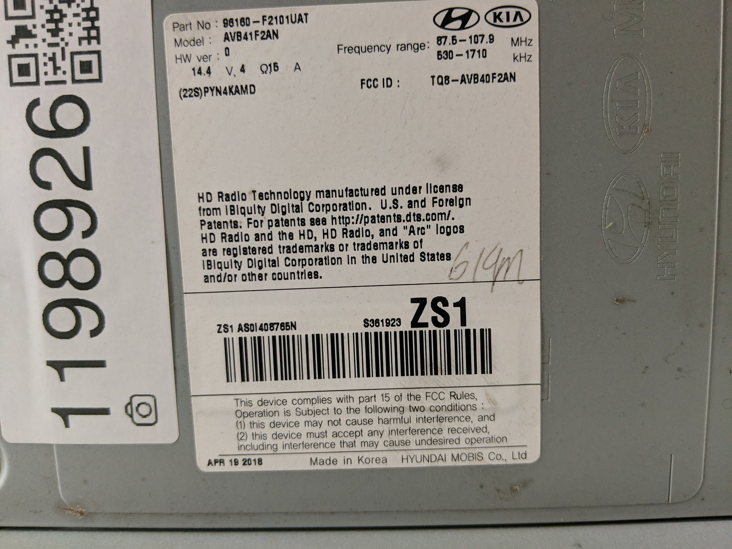 2018 Hyundai Elantra Radio AM FM Cd Player Receiver Replacement P/N:96160-F2101UAT Fits OEM Used Auto Parts - Oemusedautopar
