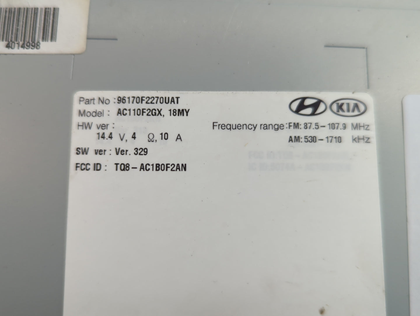 2017-2018 Hyundai Elantra Radio AM FM Cd Player Receiver Replacement P/N:96170F2270UAT Fits Fits 2017 2018 OEM Used Auto Par
