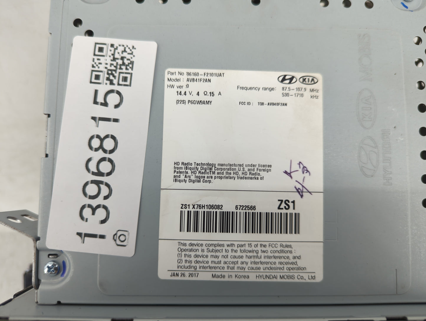 2017-2018 Hyundai Elantra Radio AM FM Cd Player Receiver Replacement P/N:96160-F2101UAT AVB41F2AN Fits Fits 2017 2018 OEM Us