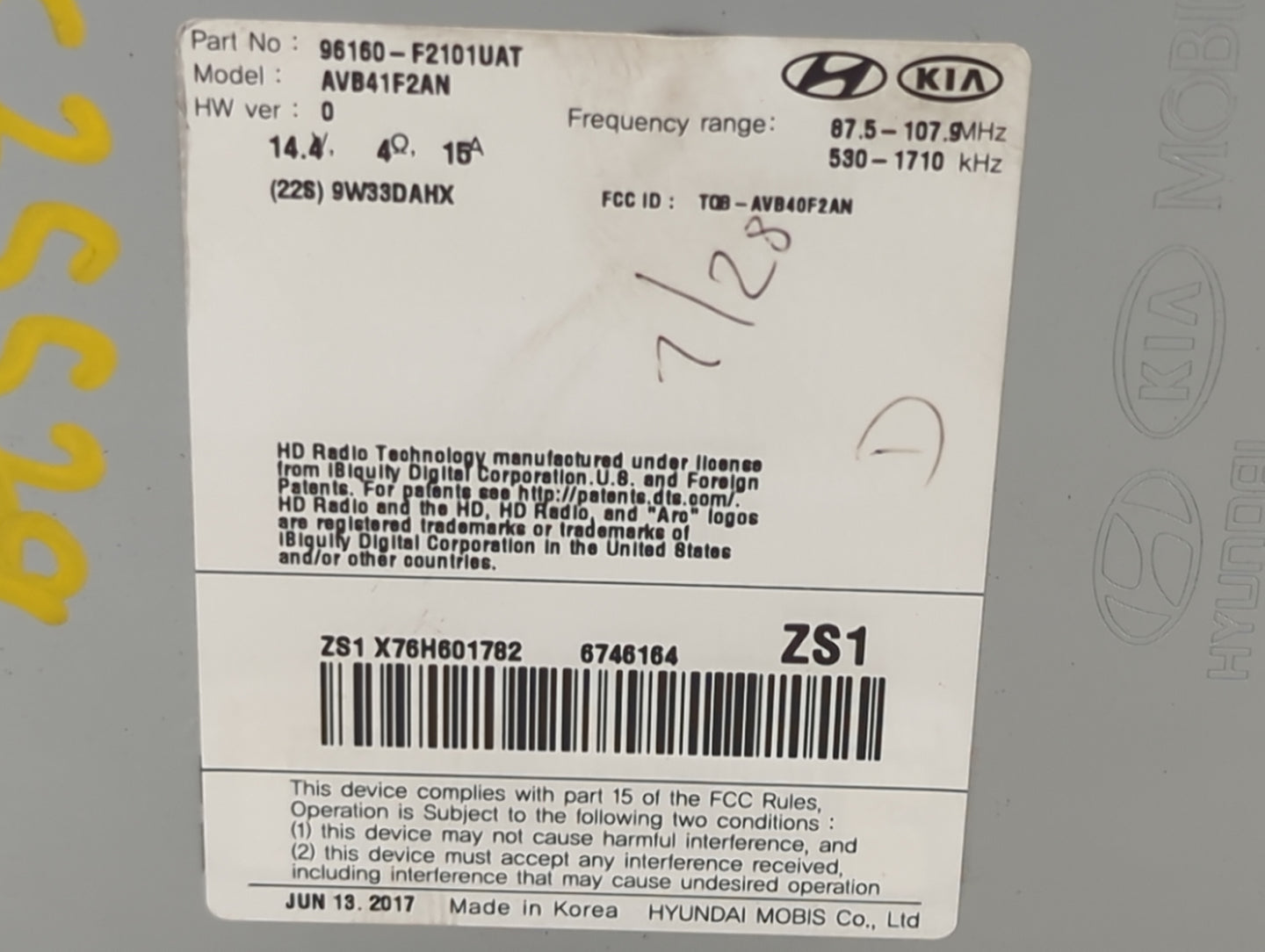 2017-2018 Hyundai Elantra Radio AM FM Cd Player Receiver Replacement P/N:96160-F2101UAT AVB41F2AN Fits Fits 2017 2018 OEM Us