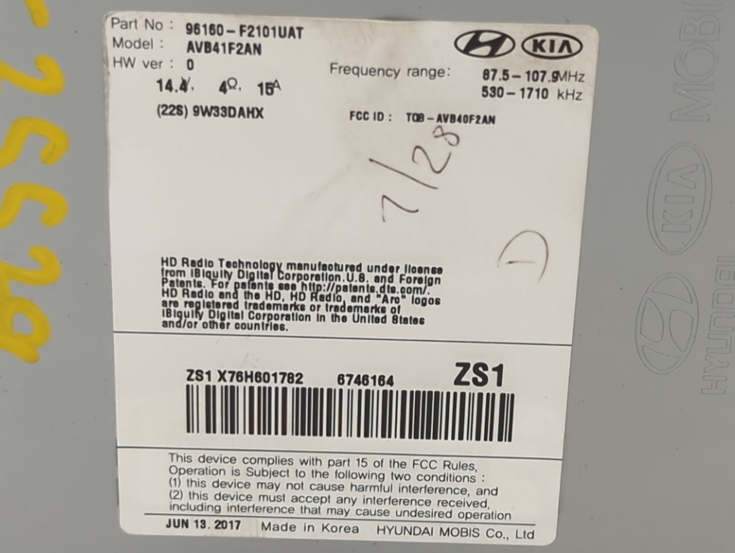 2017-2018 Hyundai Elantra Radio AM FM Cd Player Receiver Replacement P/N:96160-F2101UAT AVB41F2AN Fits Fits 2017 2018 OEM Us